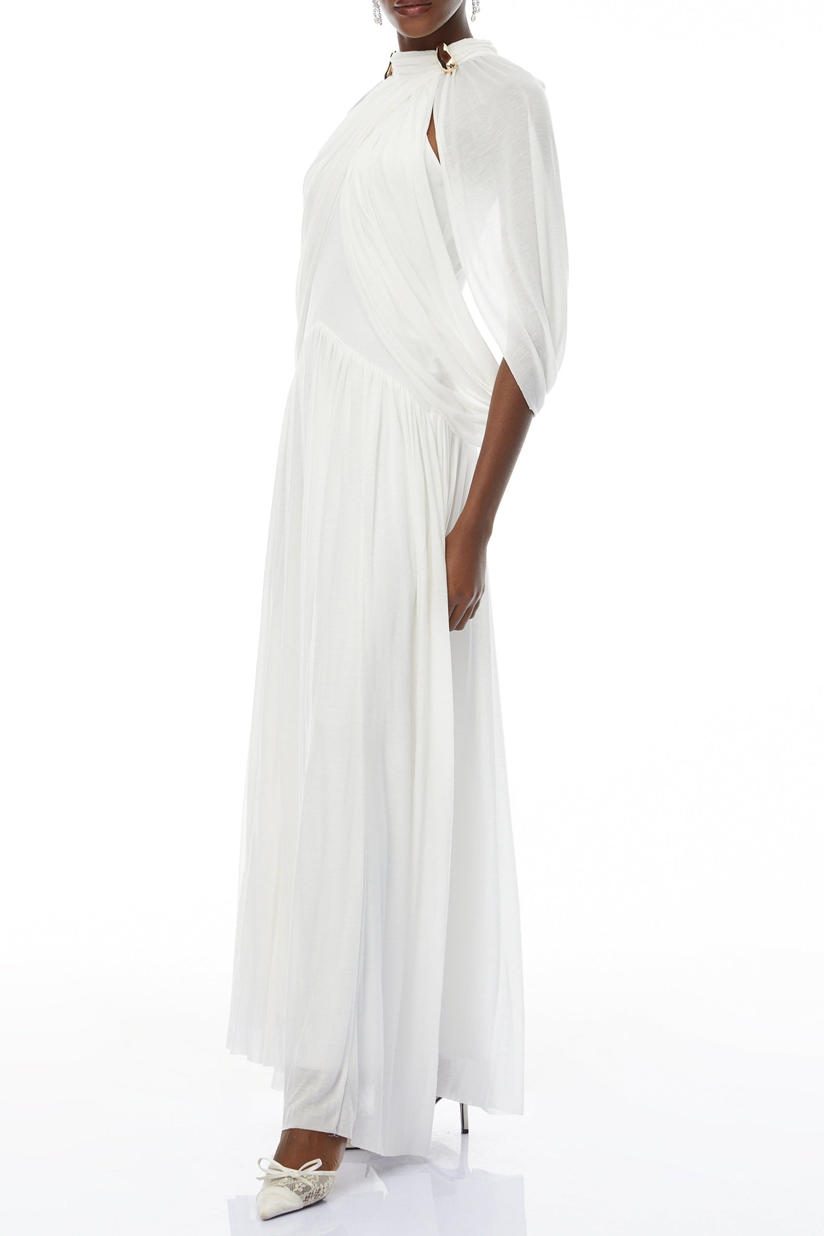 LEONA WHITE DRAPED CAPE MAXI DRESS FOR WEDDING