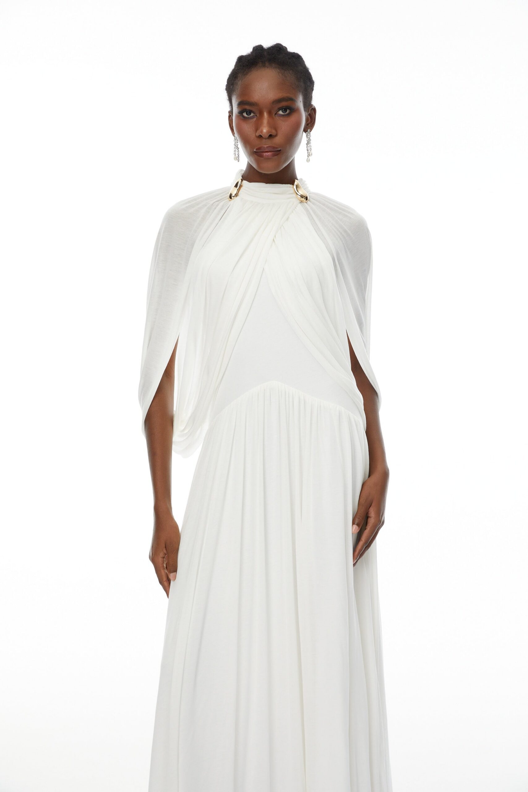 LEONA WHITE DRAPED CAPE MAXI DRESS FOR WEDDING