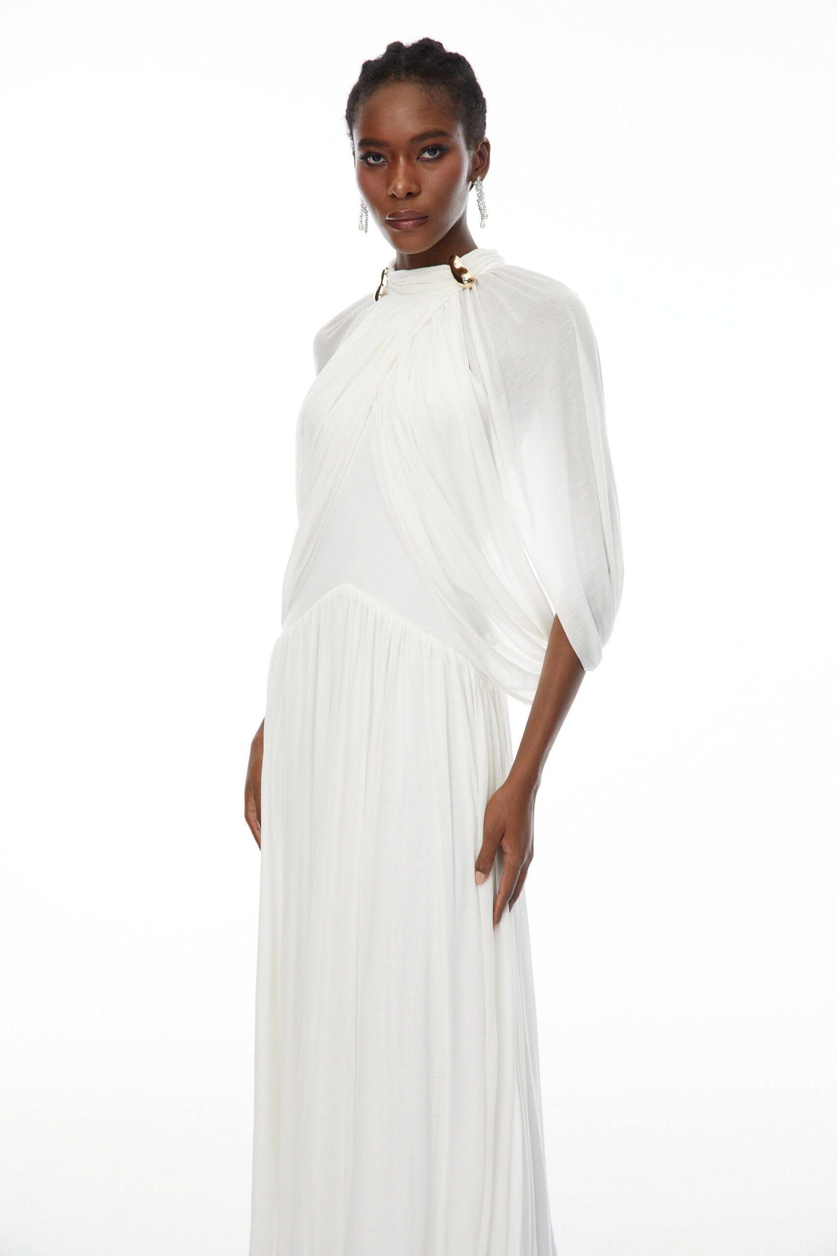 LEONA WHITE DRAPED CAPE MAXI DRESS FOR WEDDING