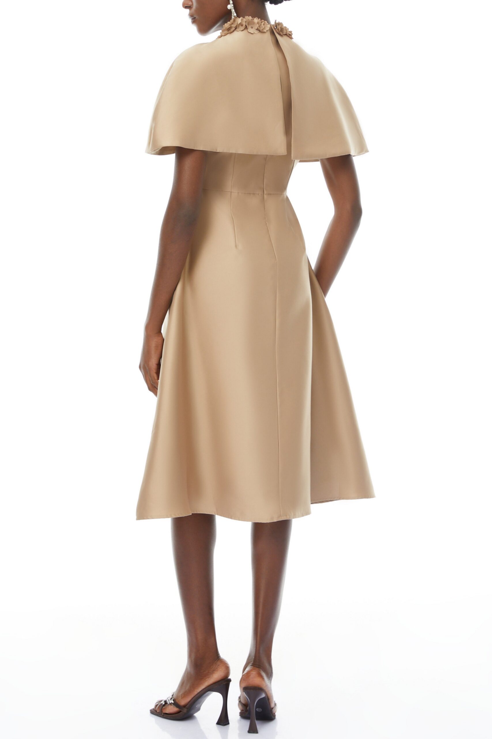 MICHELLE KHAKI SATIN CAPE MIDI DRESS