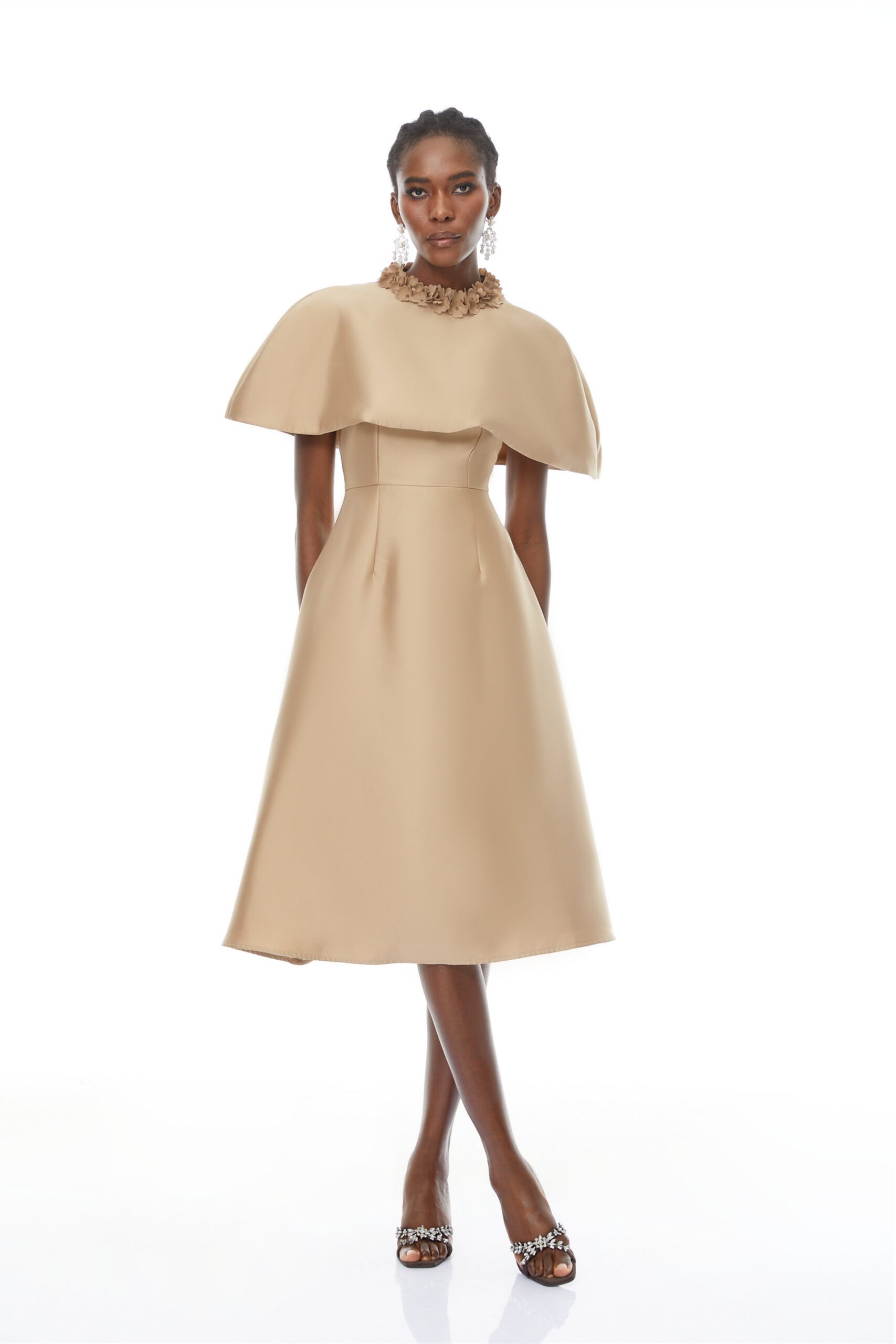 MICHELLE KHAKI SATIN CAPE MIDI DRESS