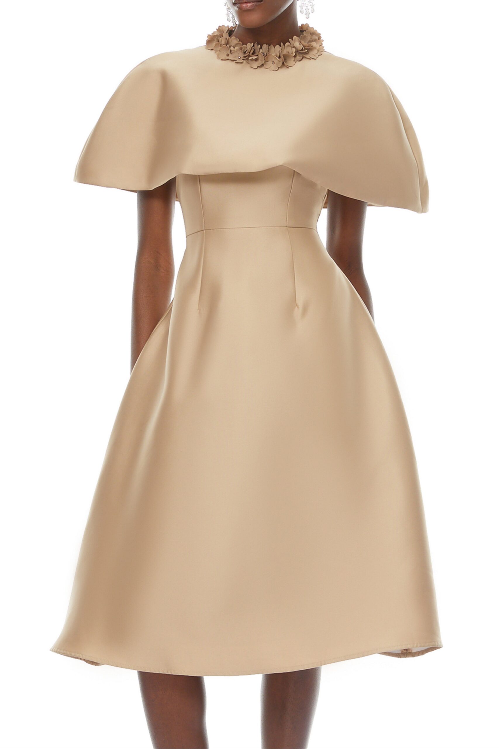 2025-12-15_0524-1 MICHELLE KHAKI SATIN CAPE MIDI DRESS
