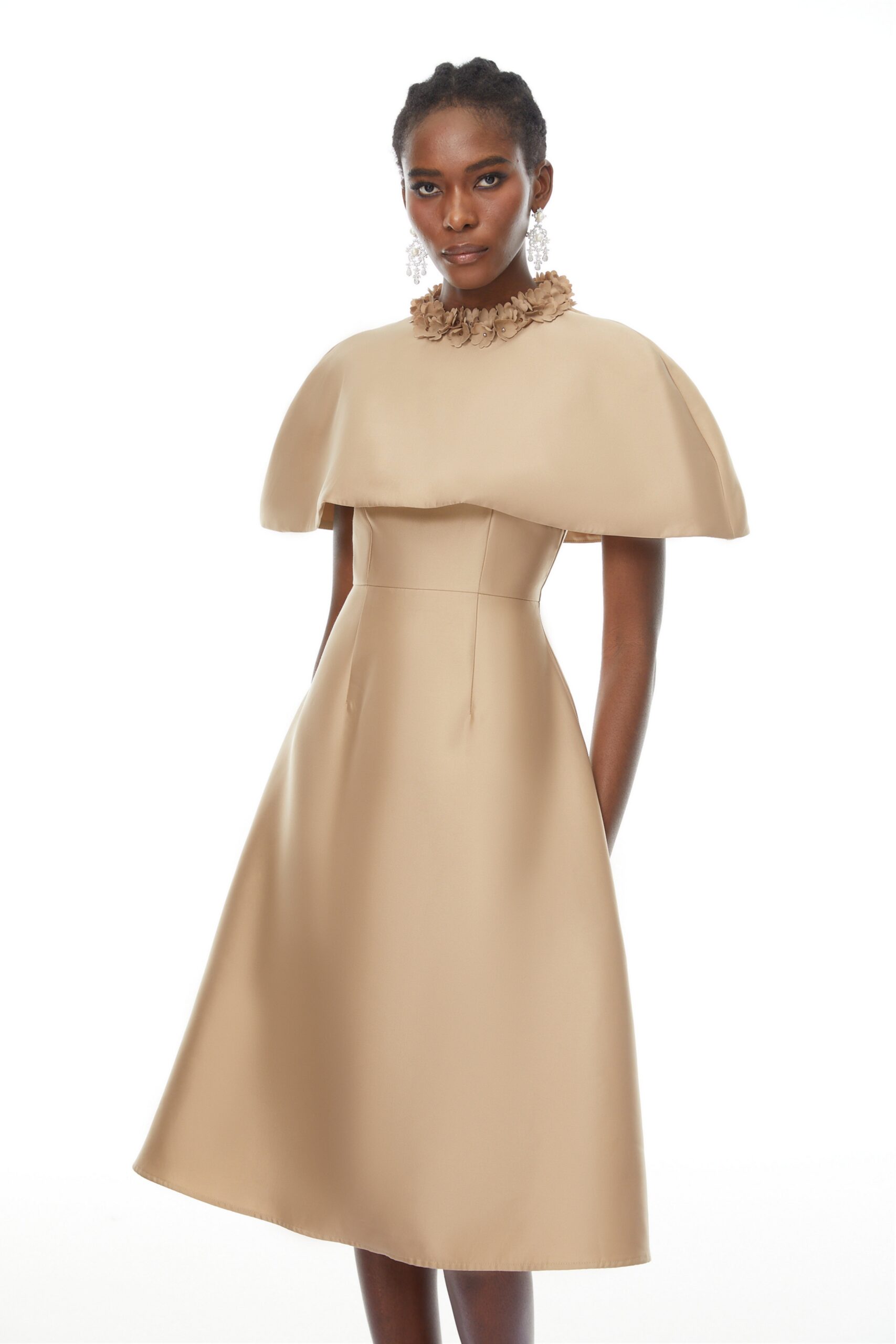 MICHELLE KHAKI SATIN CAPE MIDI DRESS
