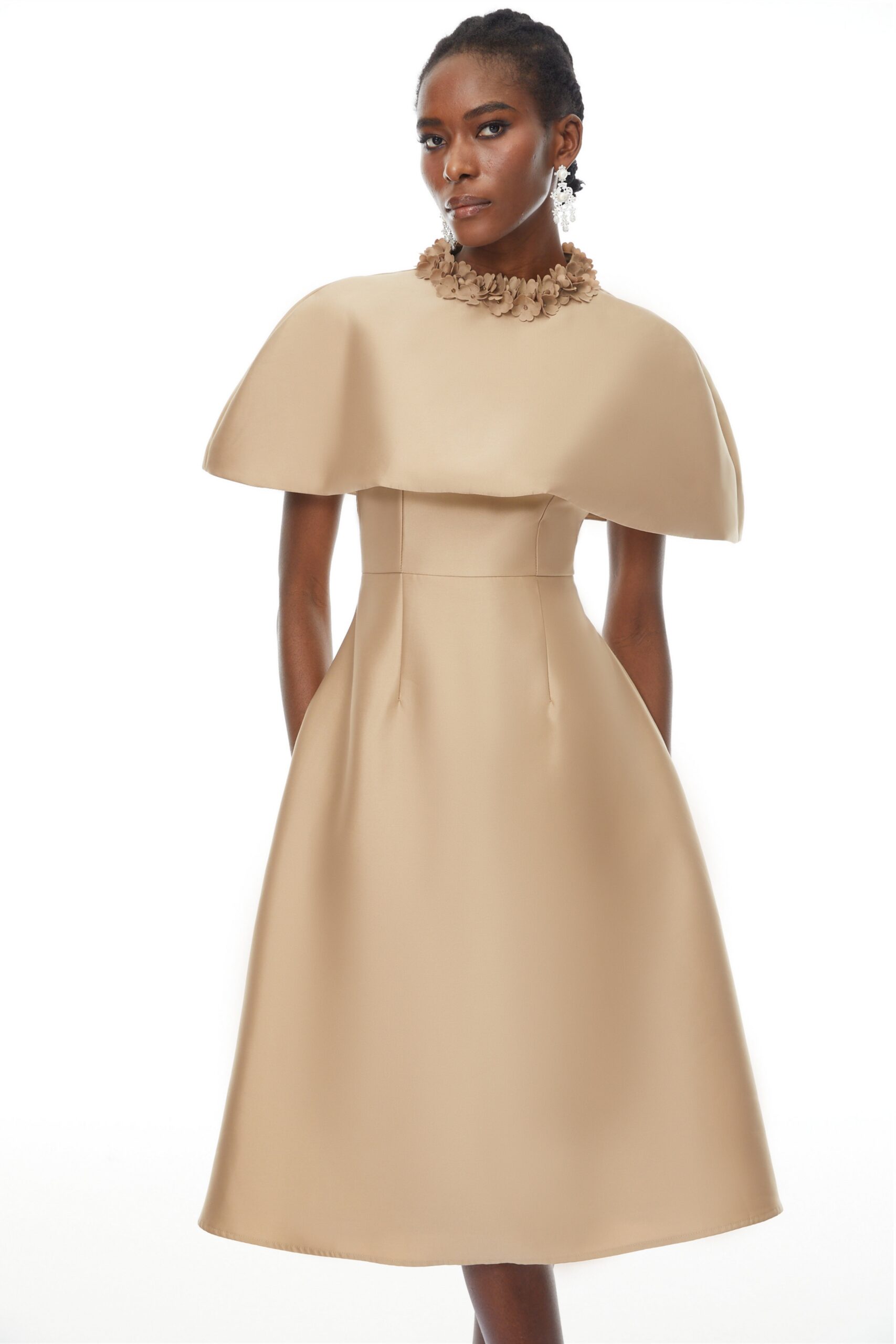 MICHELLE KHAKI SATIN CAPE MIDI DRESS