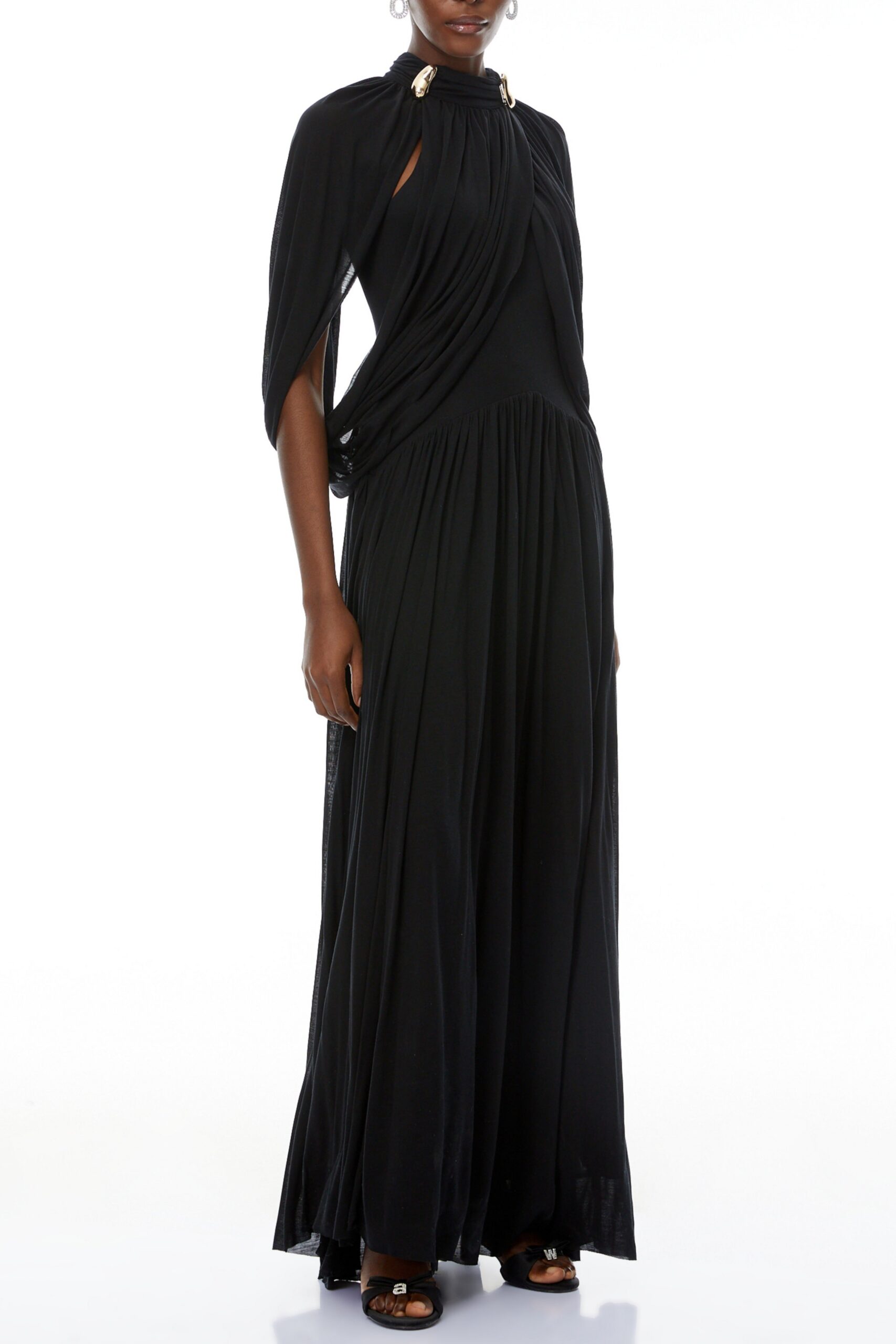 LEONA BLACK DRAPED CAPE MAXI DRESS