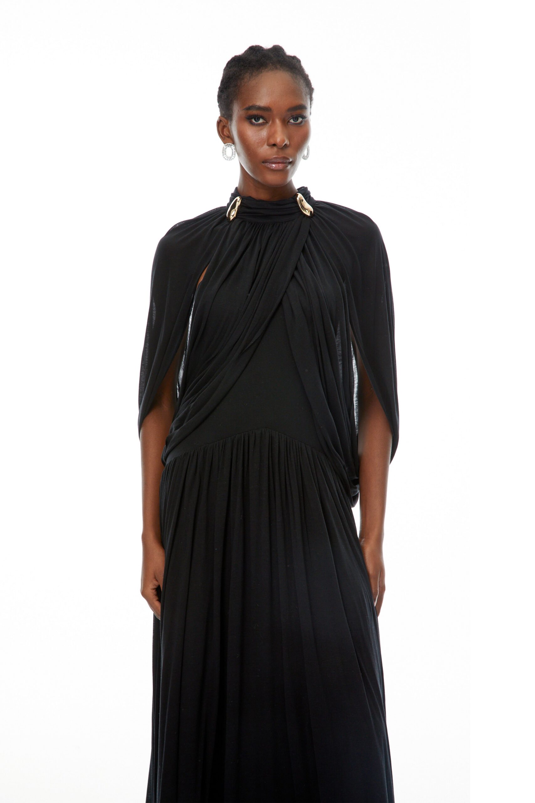 LEONA BLACK DRAPED CAPE MAXI DRESS