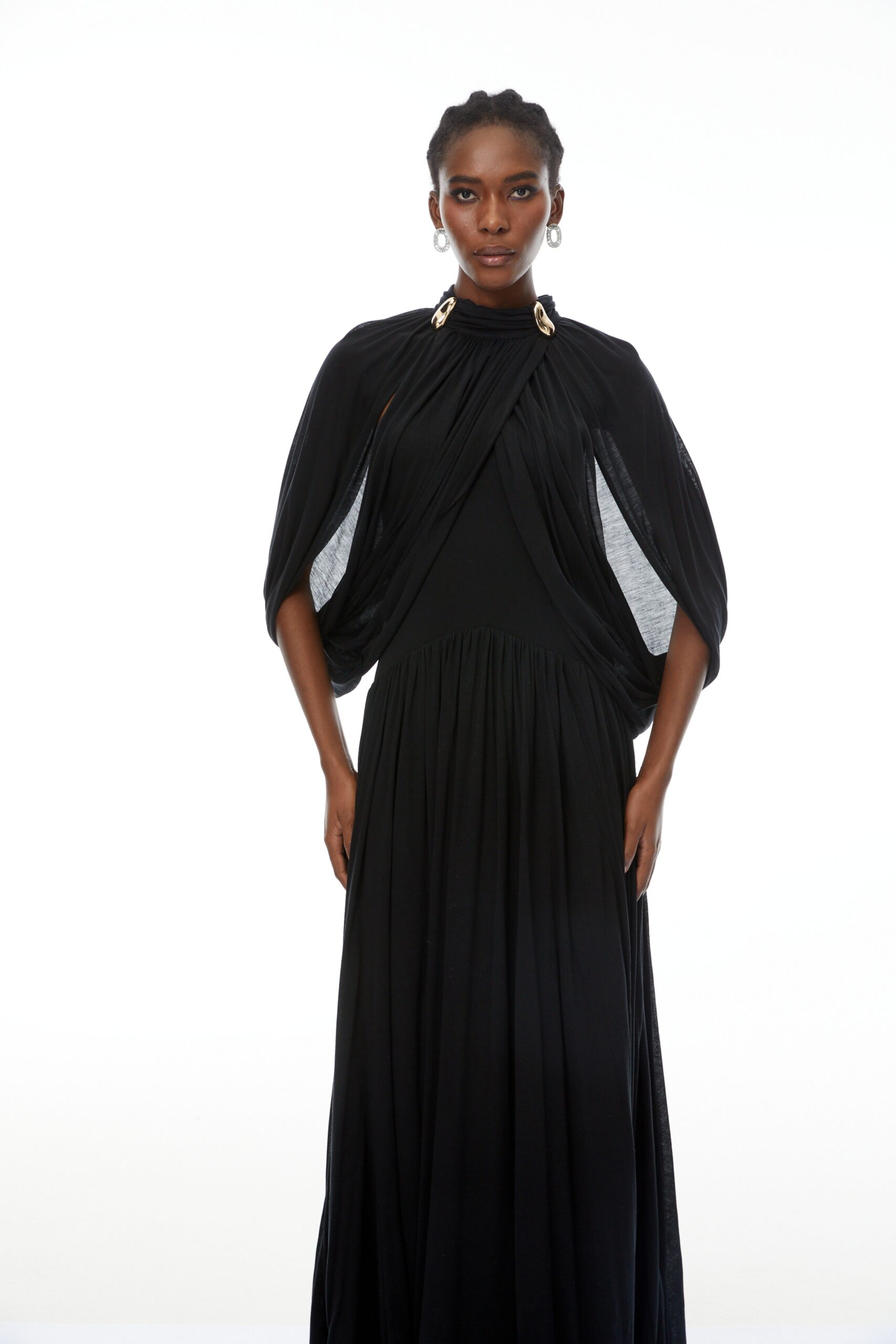 LEONA BLACK DRAPED CAPE MAXI DRESS