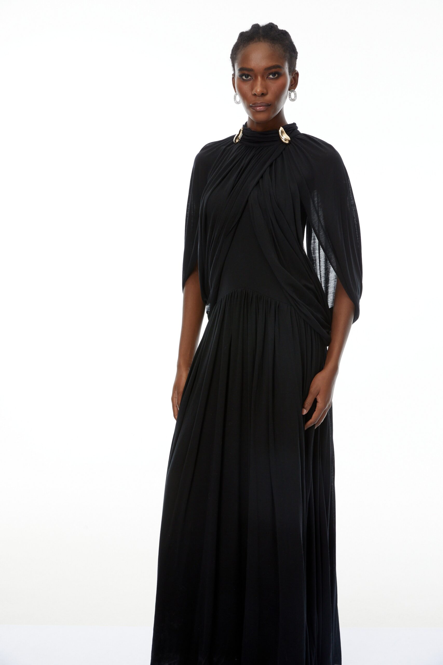 LEONA BLACK DRAPED CAPE MAXI DRESS