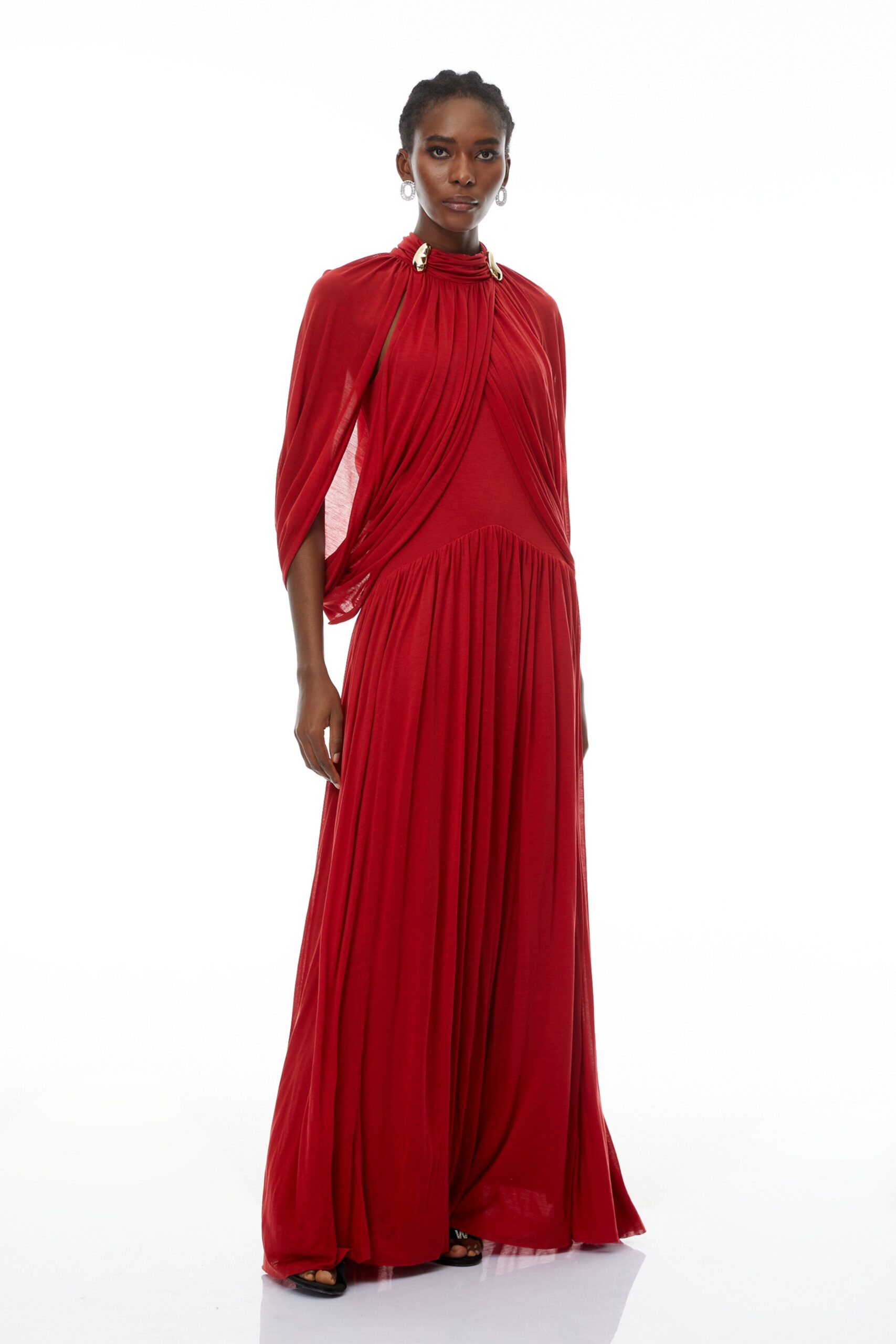 LEONA RED CAPE SLEEVE KNIT MAXI DRESS