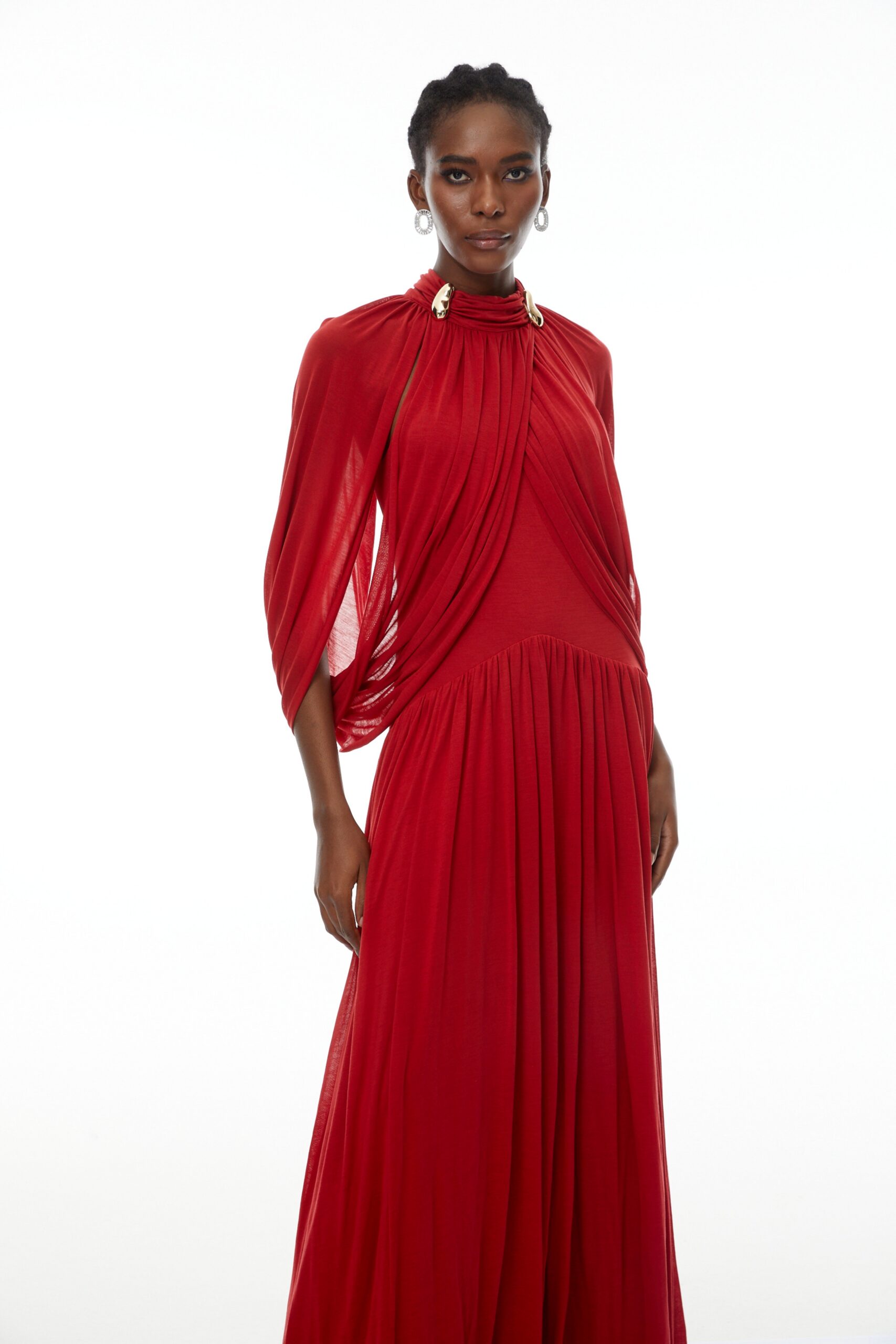 LEONA RED CAPE SLEEVE KNIT MAXI DRESS