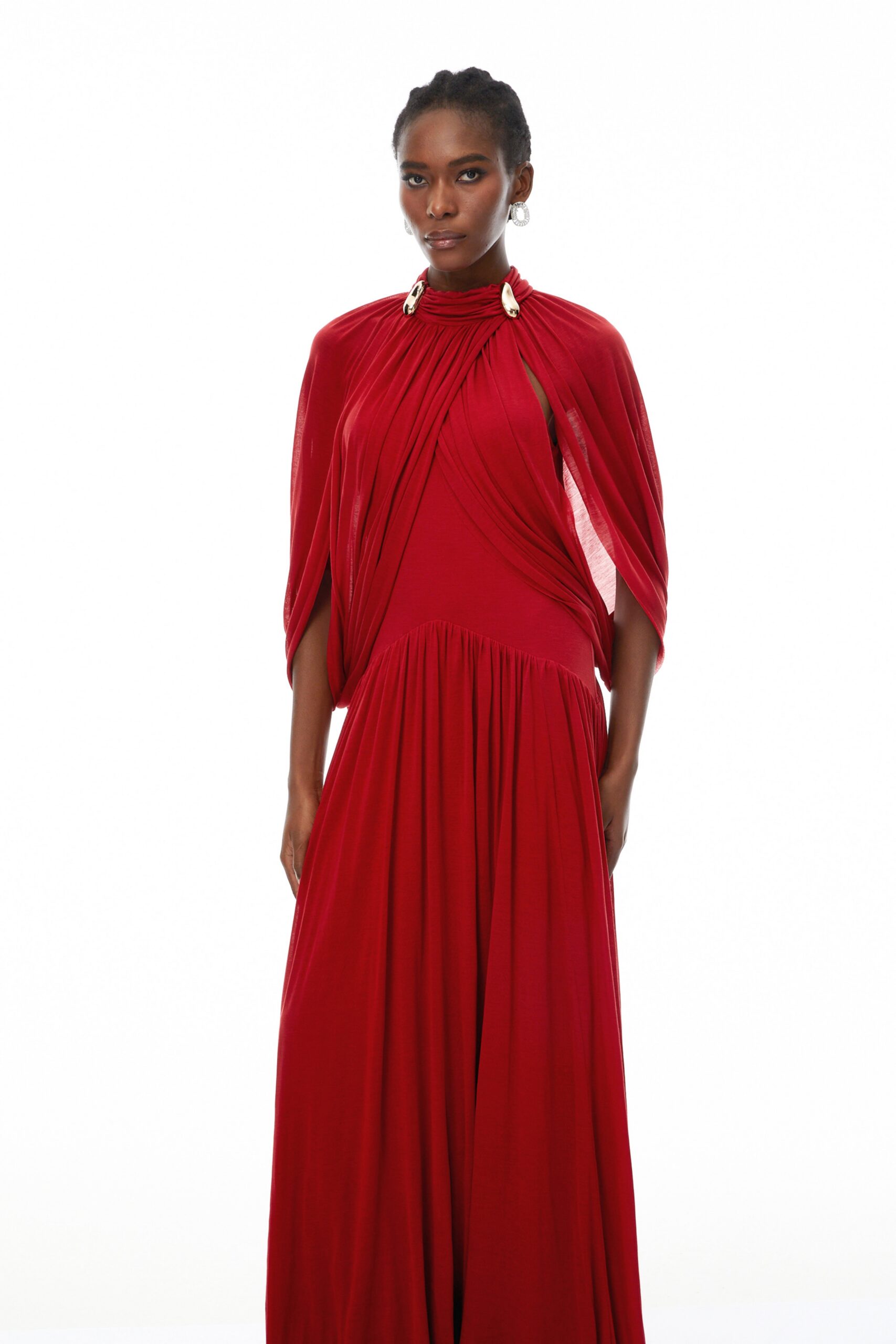 LEONA RED CAPE SLEEVE KNIT MAXI DRESS