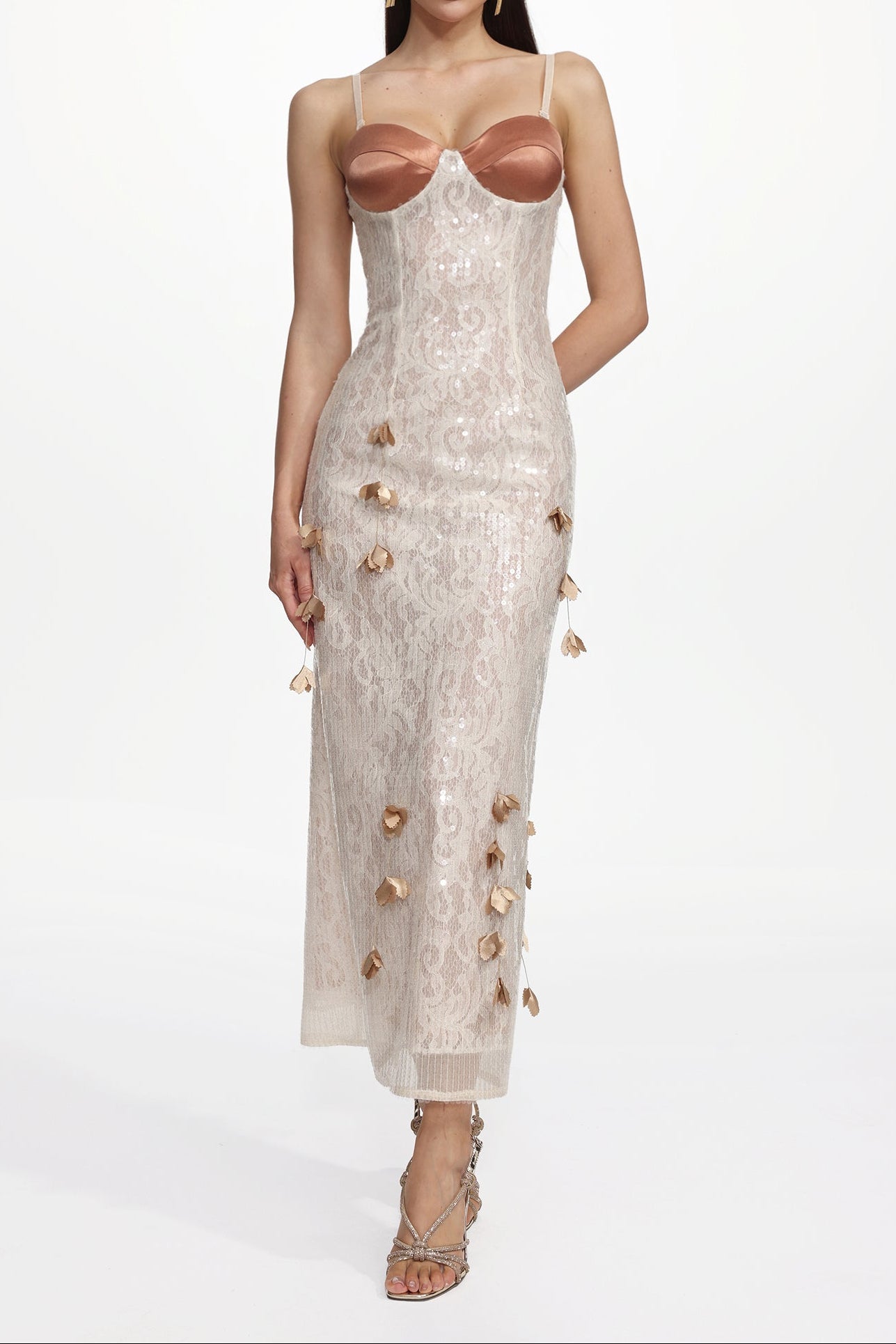VERNA CHAMPAGNE SEQUIN LACE SLEEVELESS MAXI DRESS