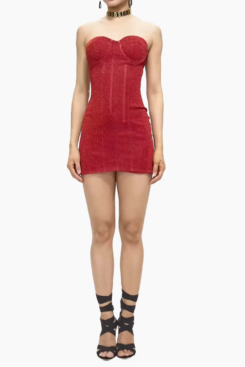 RED CORSET STRAPLESS LACE-UP BACK MINI DRESS