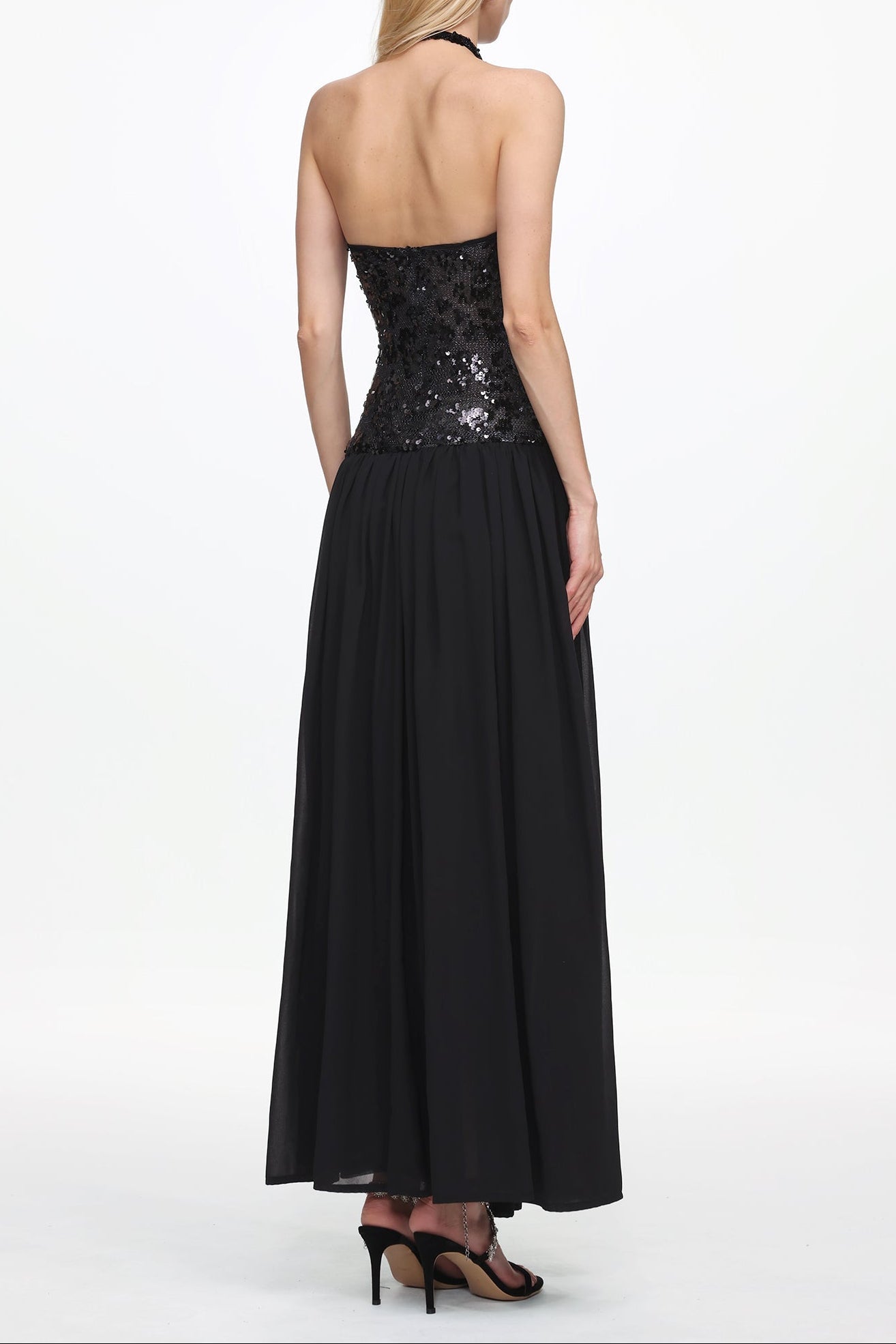 2025-12-23-liza194800 ENCHO HALTER RUCHED MESH SEQUIN MAXI DRESS FOR PROM