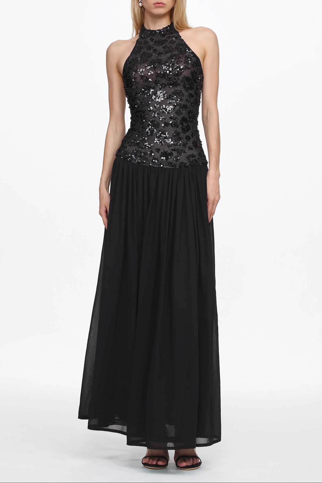 2025-12-23-liza194803 ENCHO HALTER RUCHED MESH SEQUIN MAXI DRESS FOR PROM