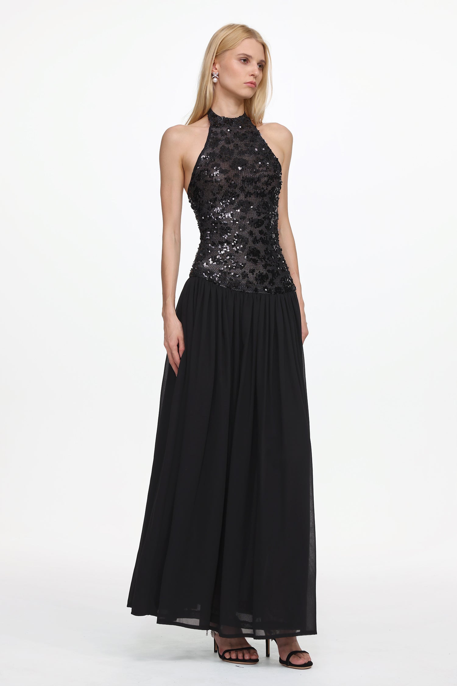 2025-12-23-liza194809 ENCHO HALTER RUCHED MESH SEQUIN MAXI DRESS FOR PROM