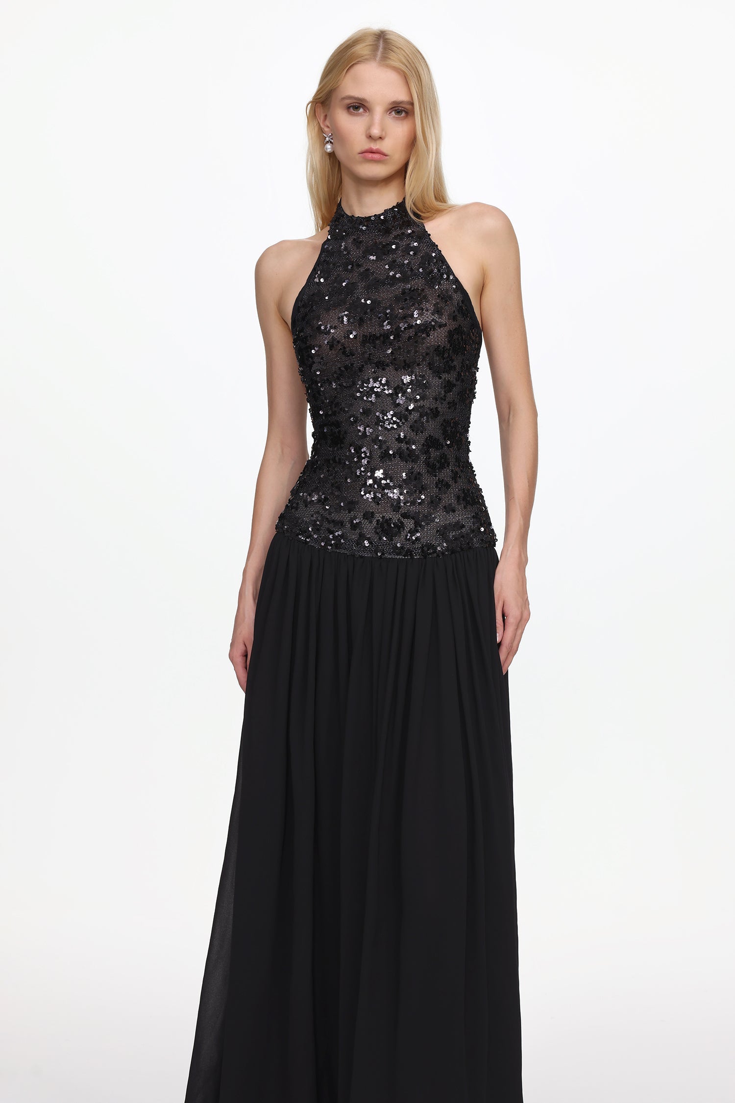 2025-12-23-liza194816 ENCHO HALTER RUCHED MESH SEQUIN MAXI DRESS FOR PROM