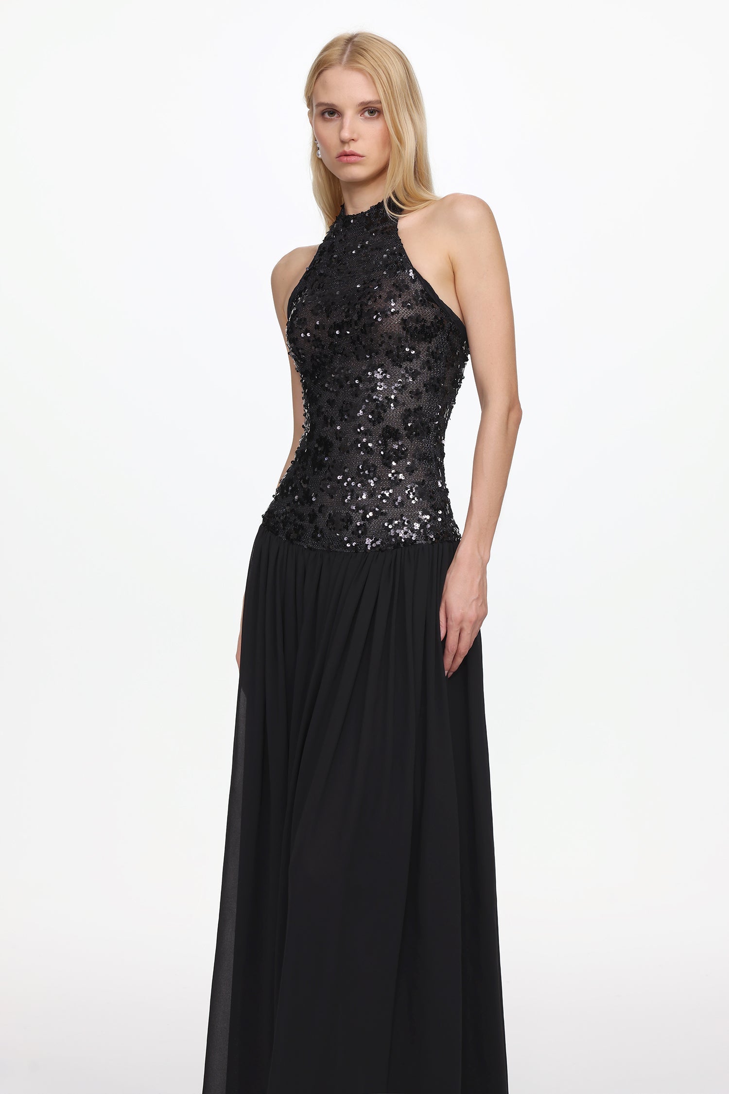2025-12-23-liza194819 ENCHO HALTER RUCHED MESH SEQUIN MAXI DRESS FOR PROM