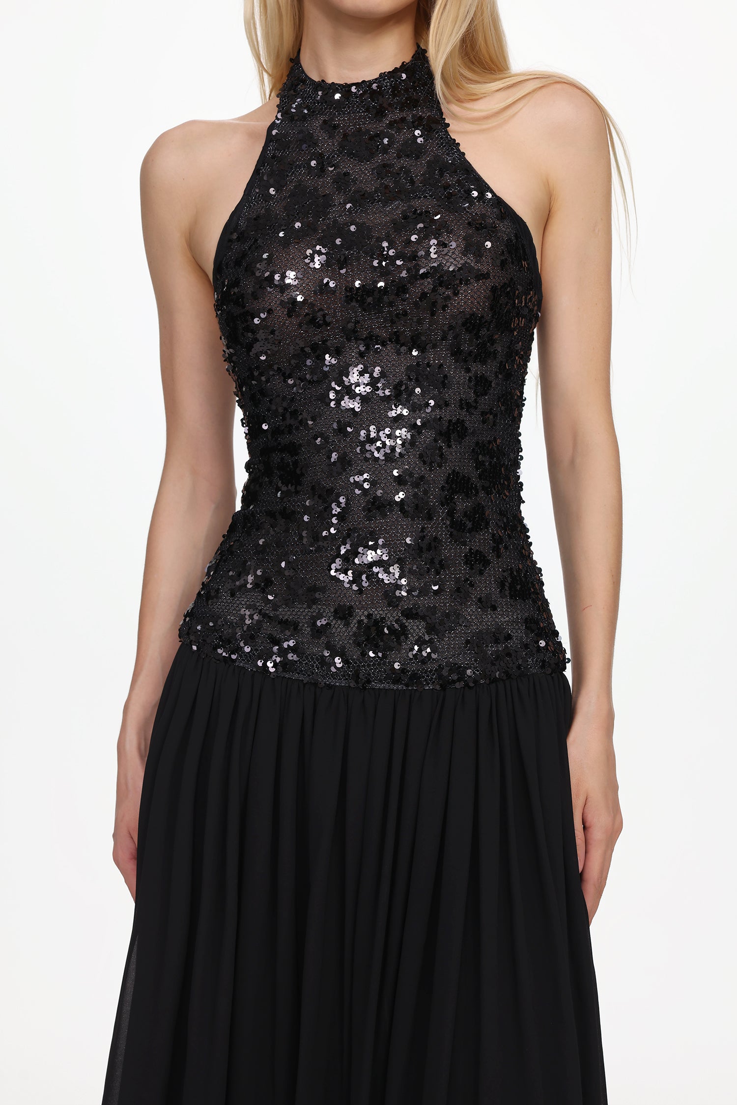 2025-12-23-liza194826 ENCHO HALTER RUCHED MESH SEQUIN MAXI DRESS FOR PROM