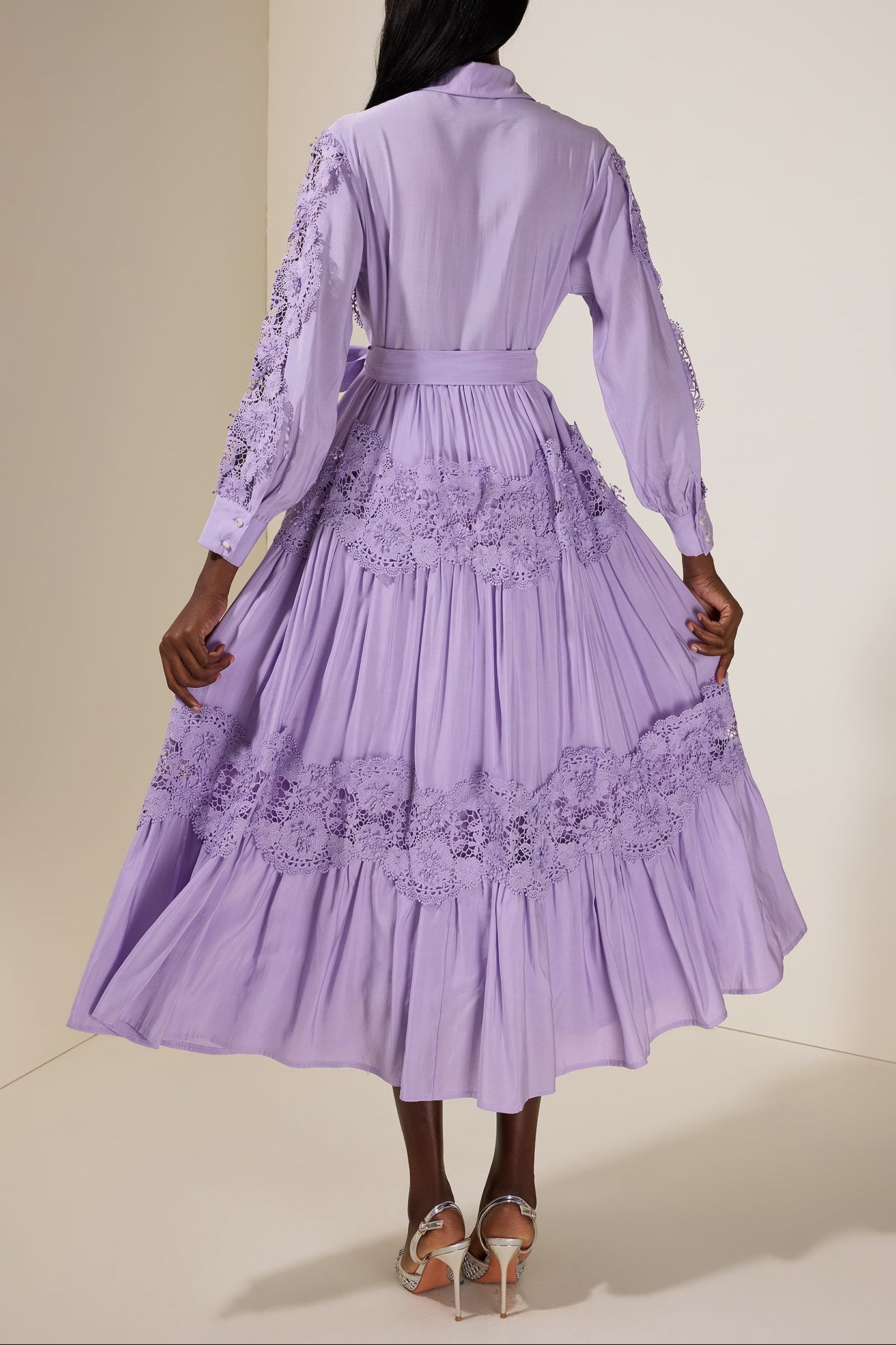 ALEXANDRA LACE HOLLOW MIDI DRESS, PURPLE