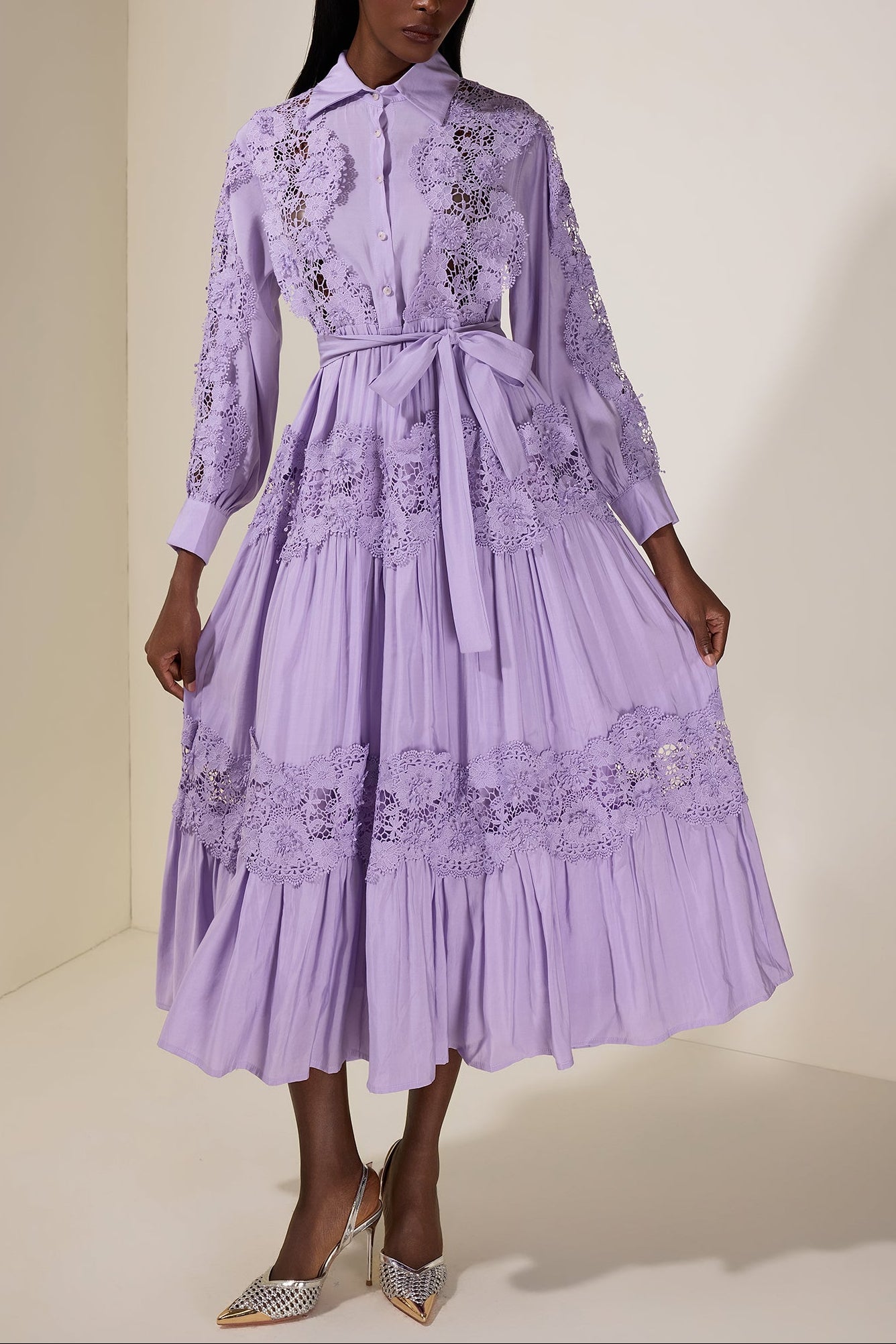 ALEXANDRA LACE HOLLOW MIDI DRESS, PURPLE