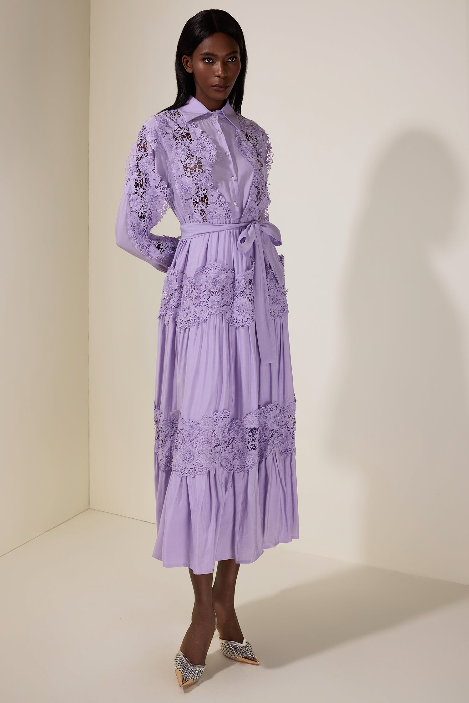 ALEXANDRA LACE HOLLOW MIDI DRESS, PURPLE
