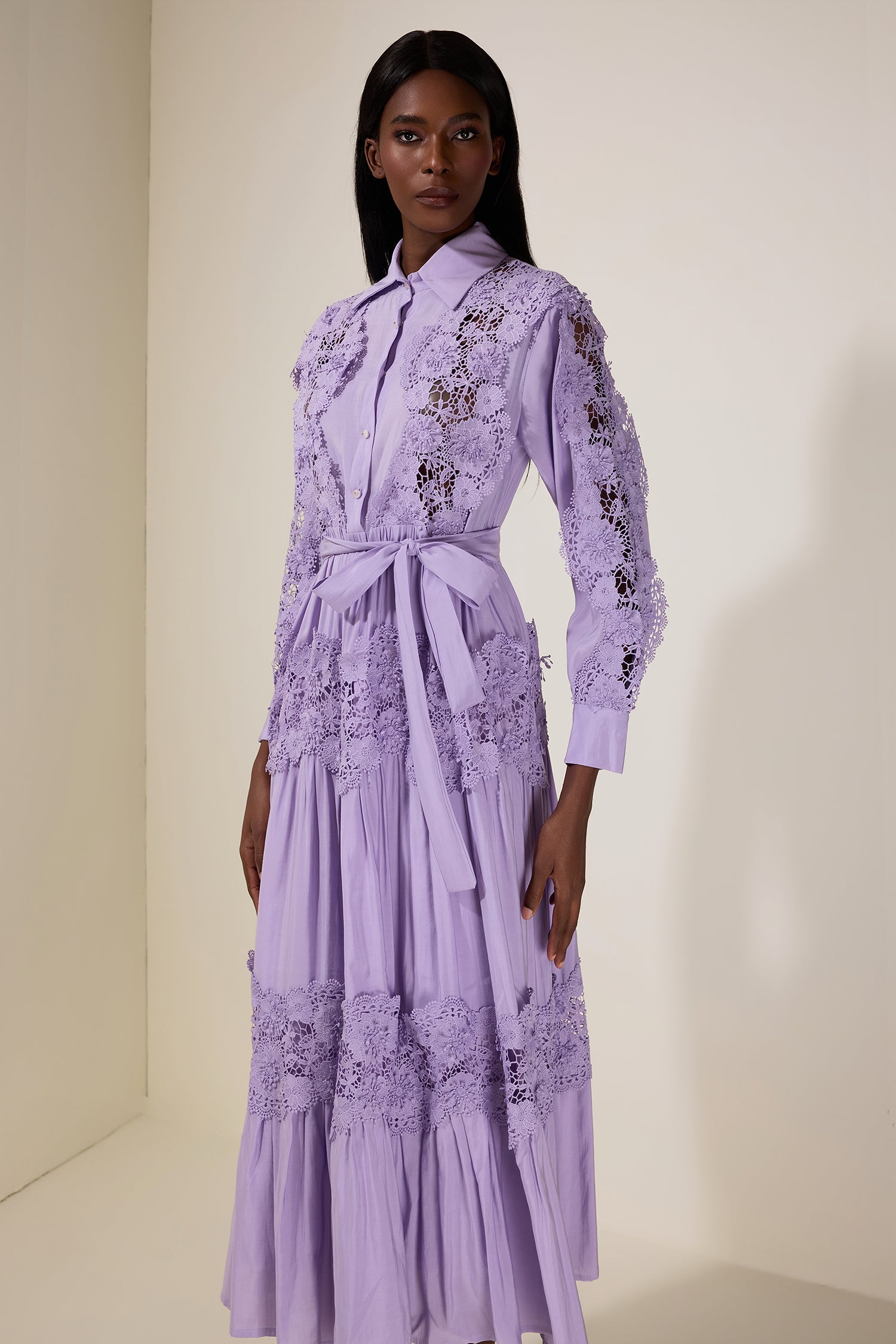 ALEXANDRA LACE HOLLOW MIDI DRESS, PURPLE