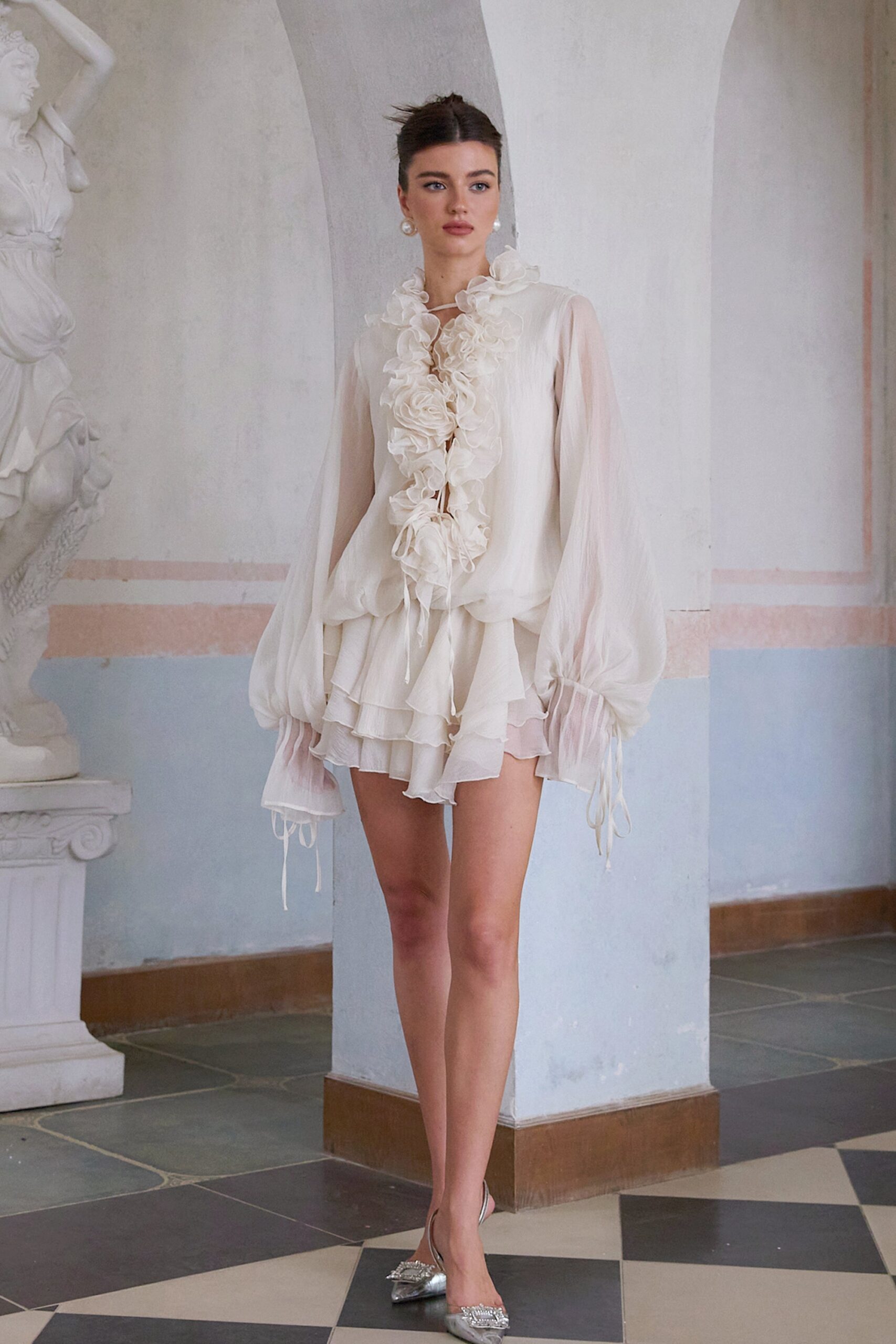 ZÉPHYRINE FLORAL APPLIQUÉ TIERED MINI DRESS NEUTRAL PARTY