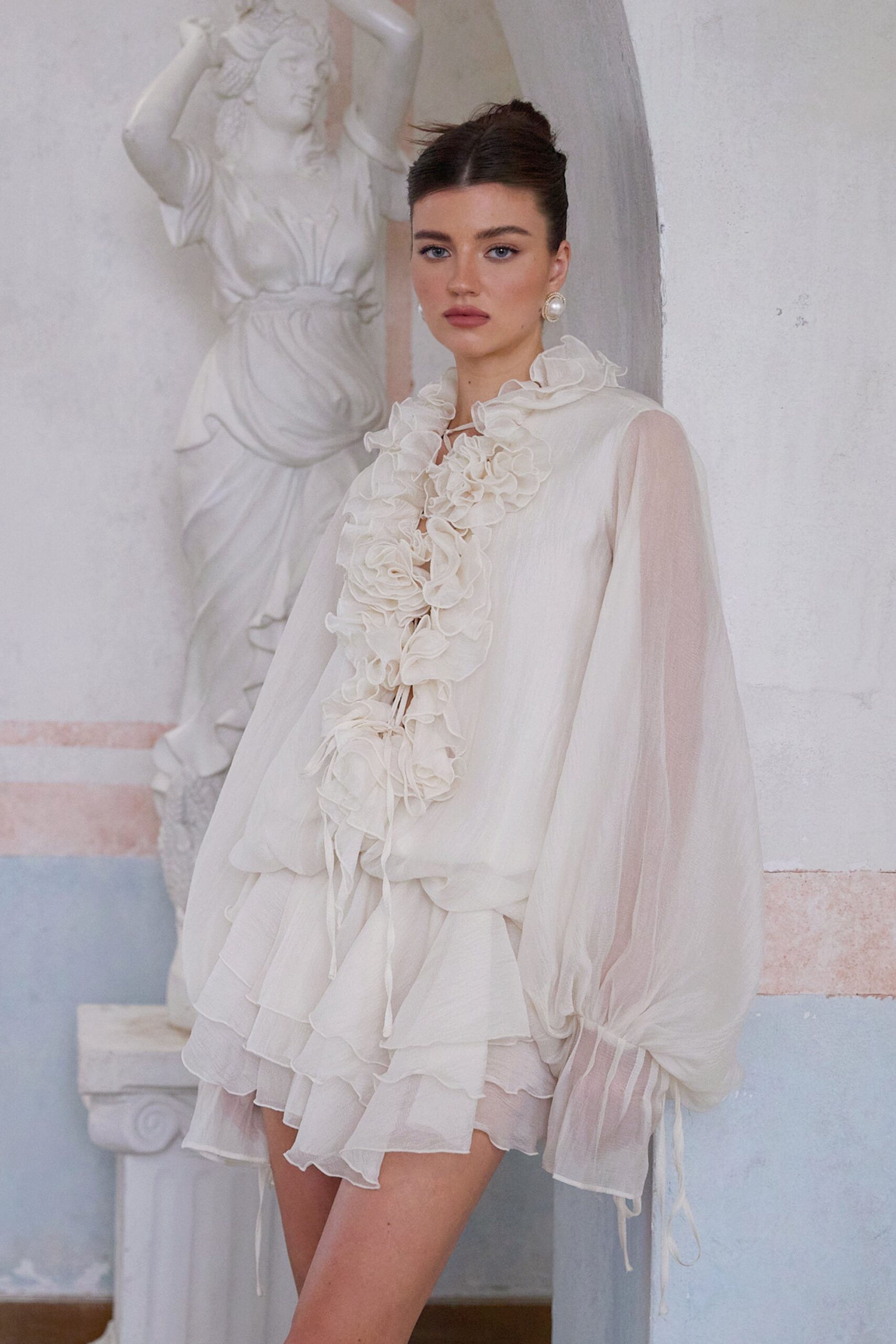 ZÉPHYRINE FLORAL APPLIQUÉ TIERED MINI DRESS NEUTRAL PARTY