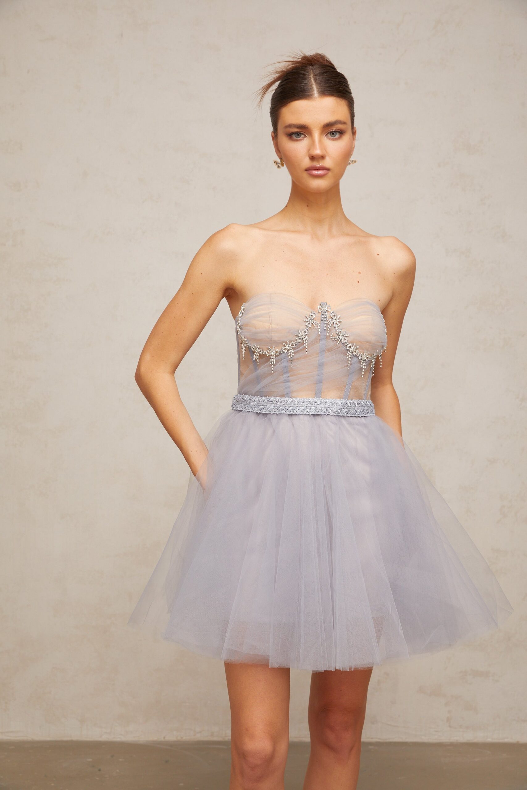 MADELINE GREY PUFF TULLE MINI DRESS FOR WEDDING