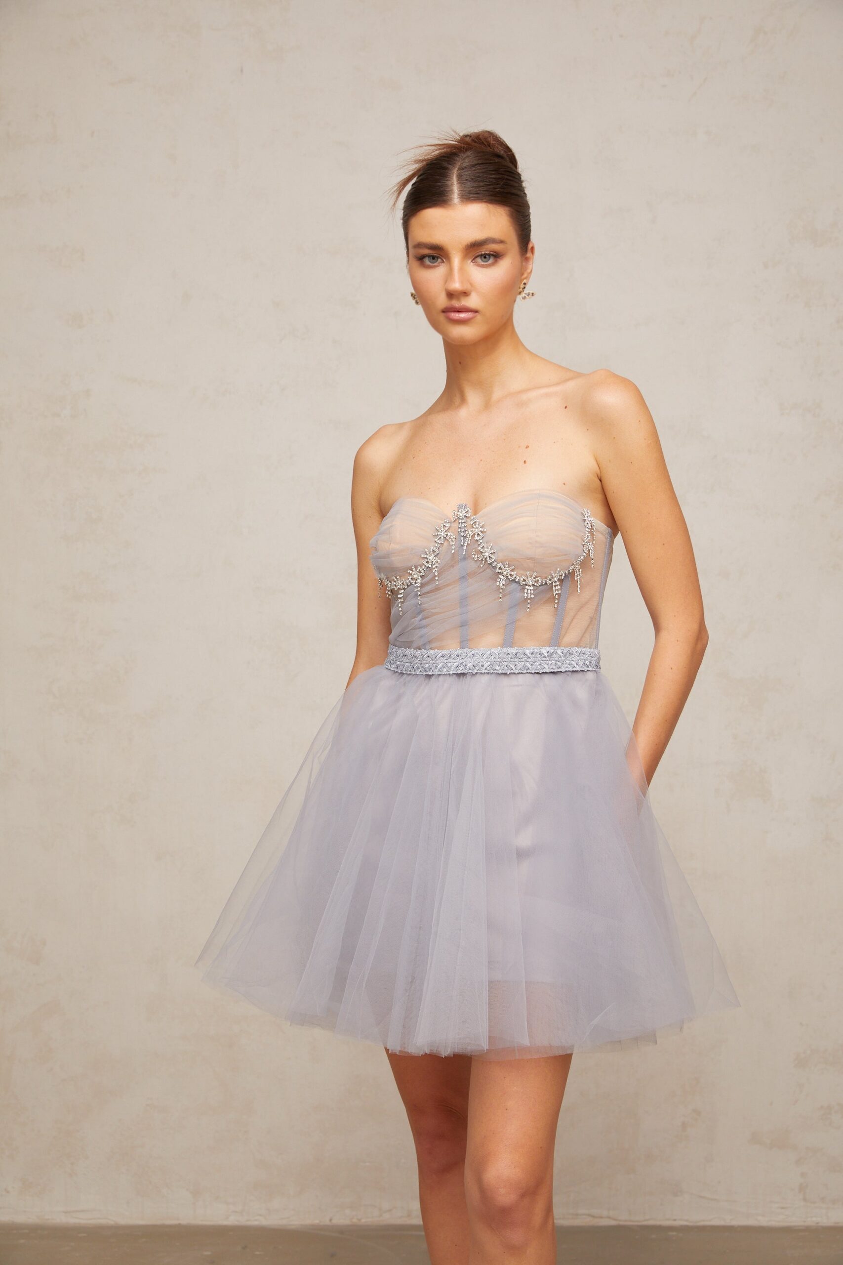 MADELINE GREY PUFF TULLE MINI DRESS FOR WEDDING