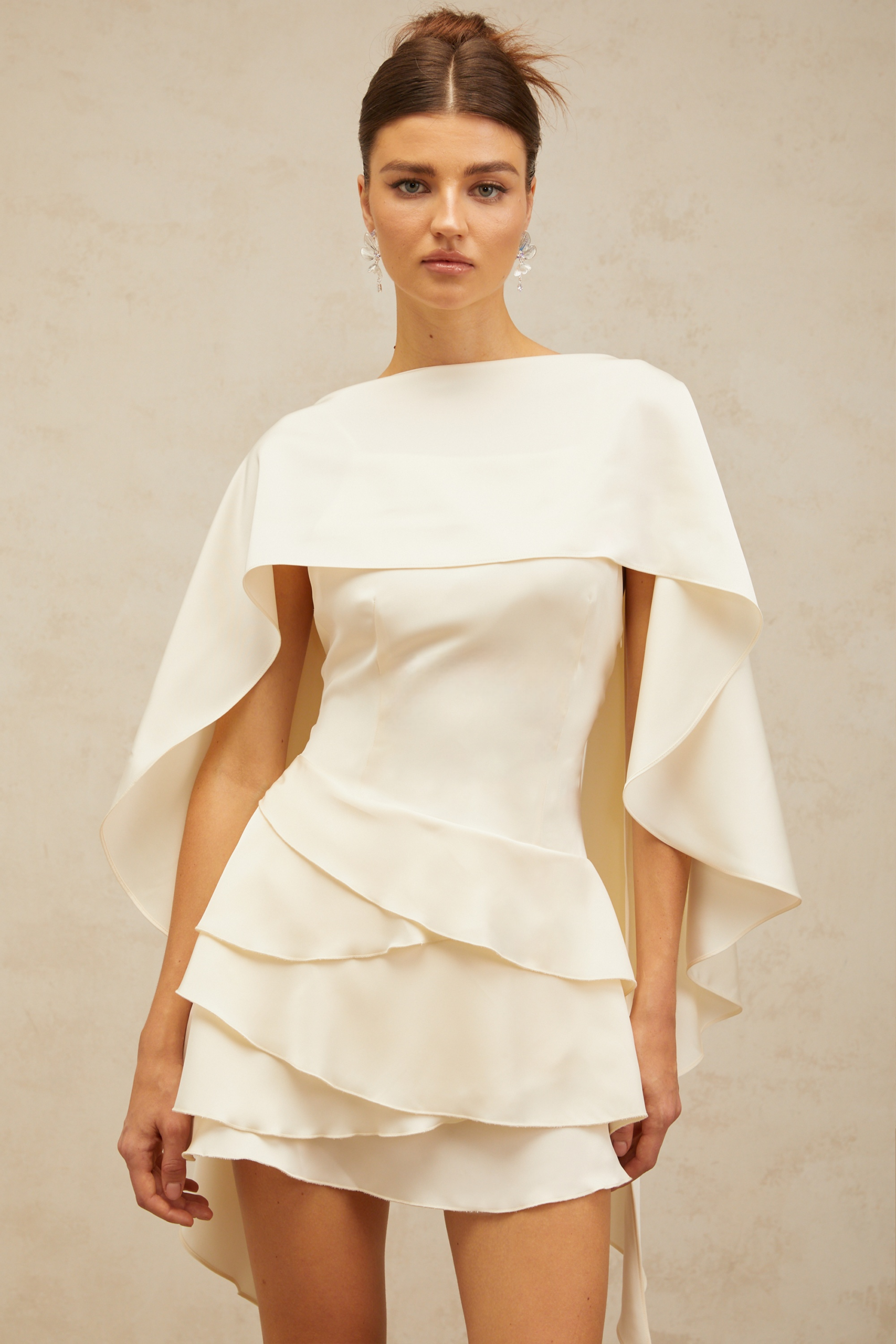 LYNA WHITE SATIN RUFFLED MINI DRESS WITH SHAWL PANEL