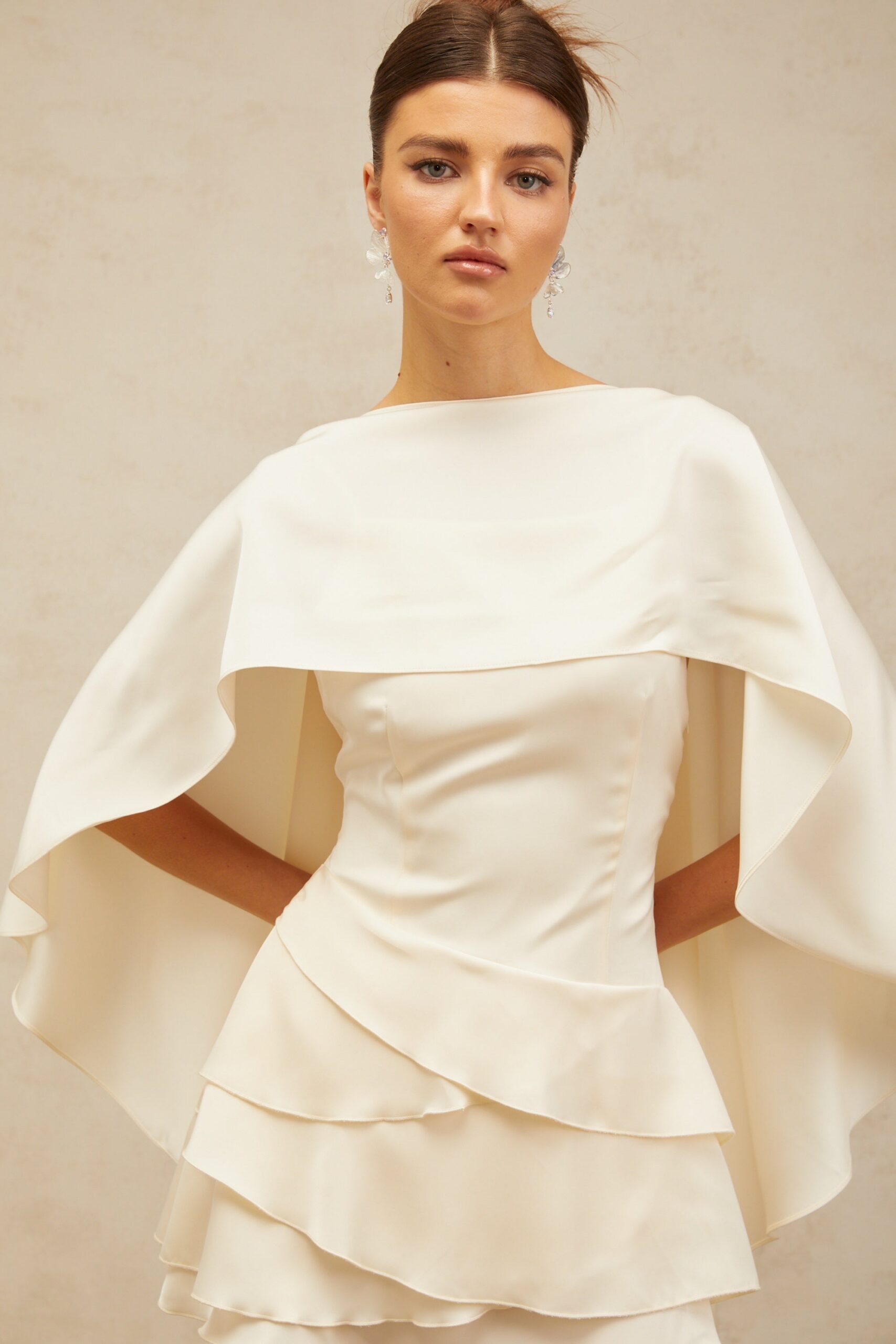 LYNA WHITE SATIN RUFFLED MINI DRESS WITH SHAWL PANEL