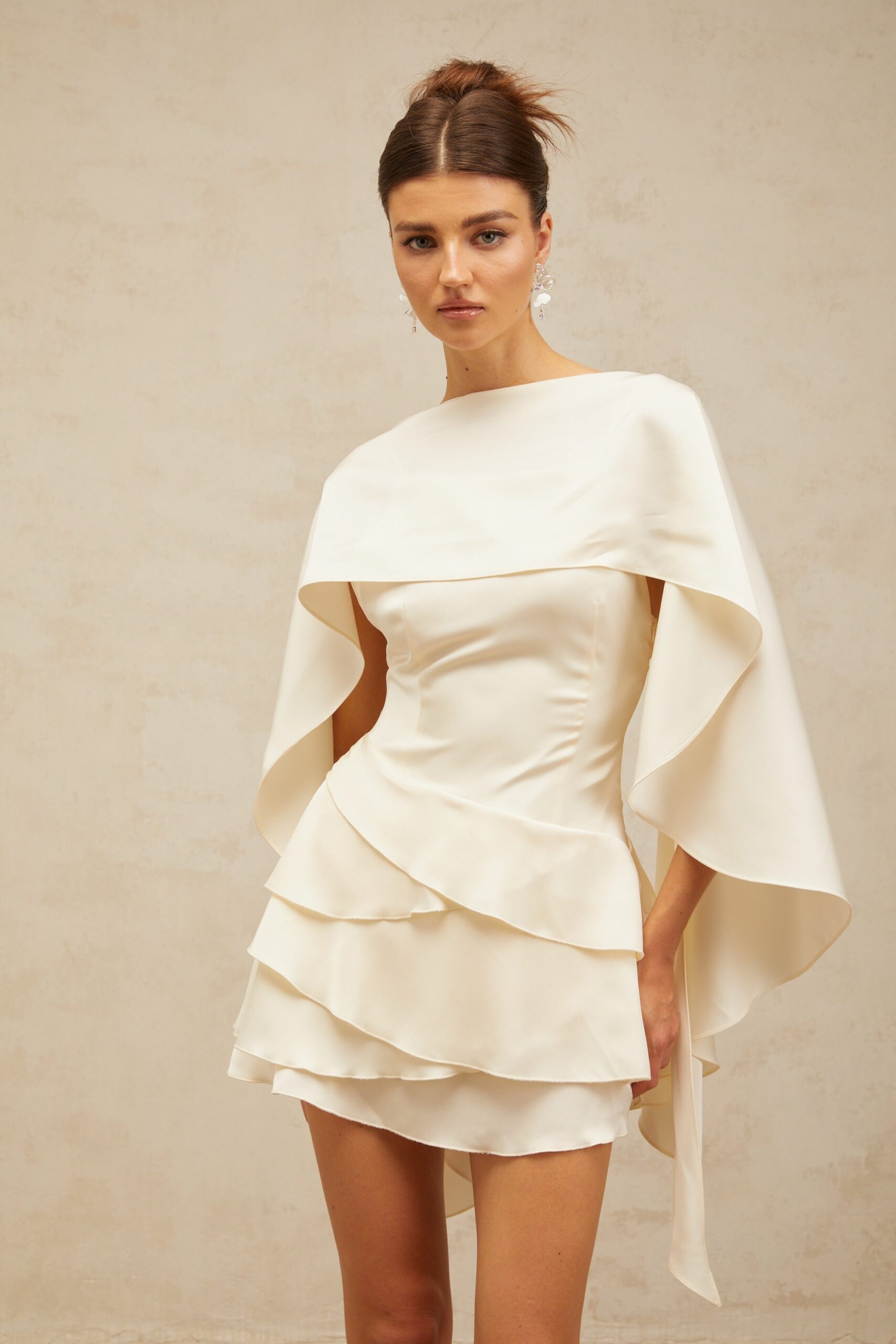 LYNA WHITE SATIN RUFFLED MINI DRESS WITH SHAWL PANEL