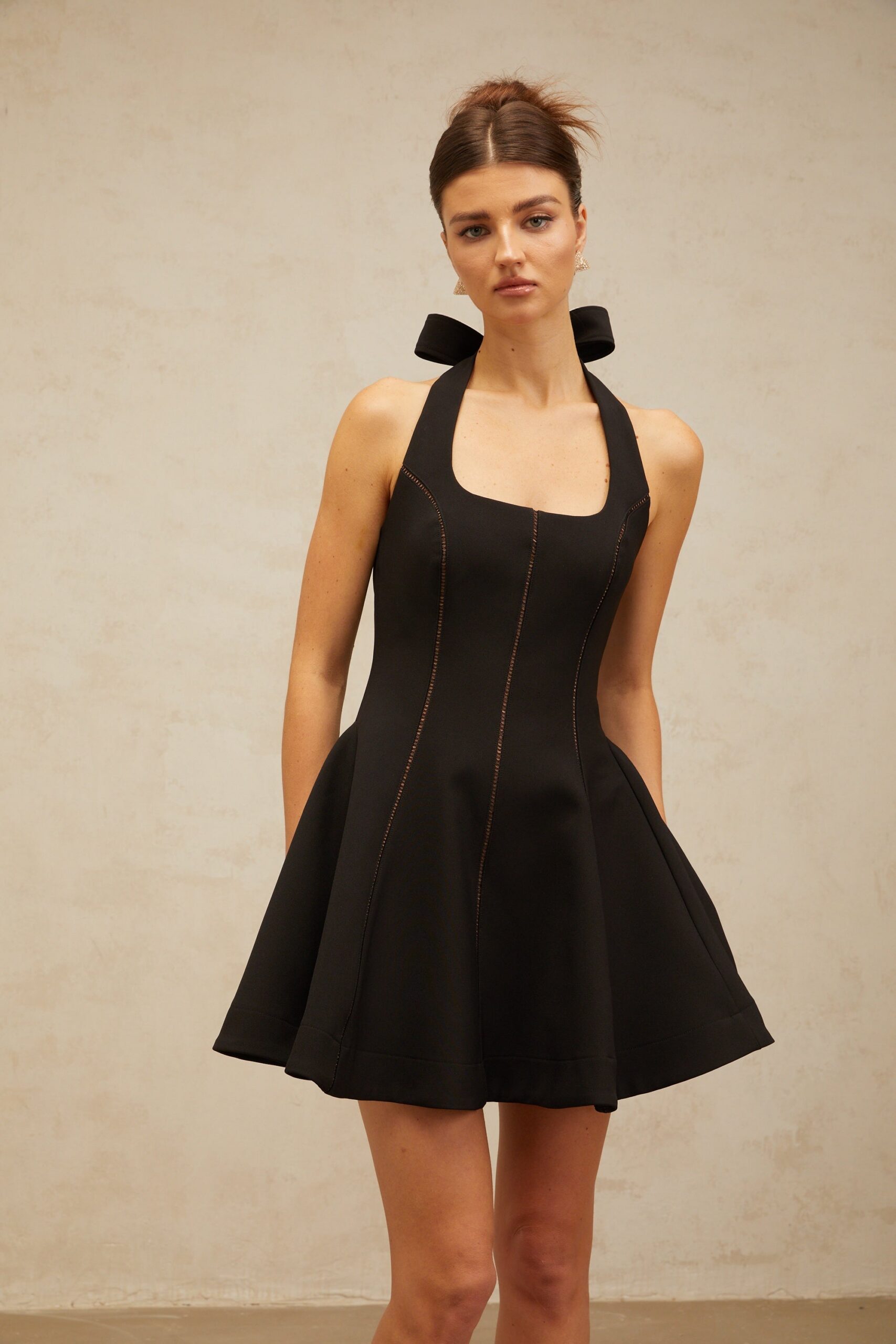SANDY HALTERNECK BOW MINI DRESS BLACK