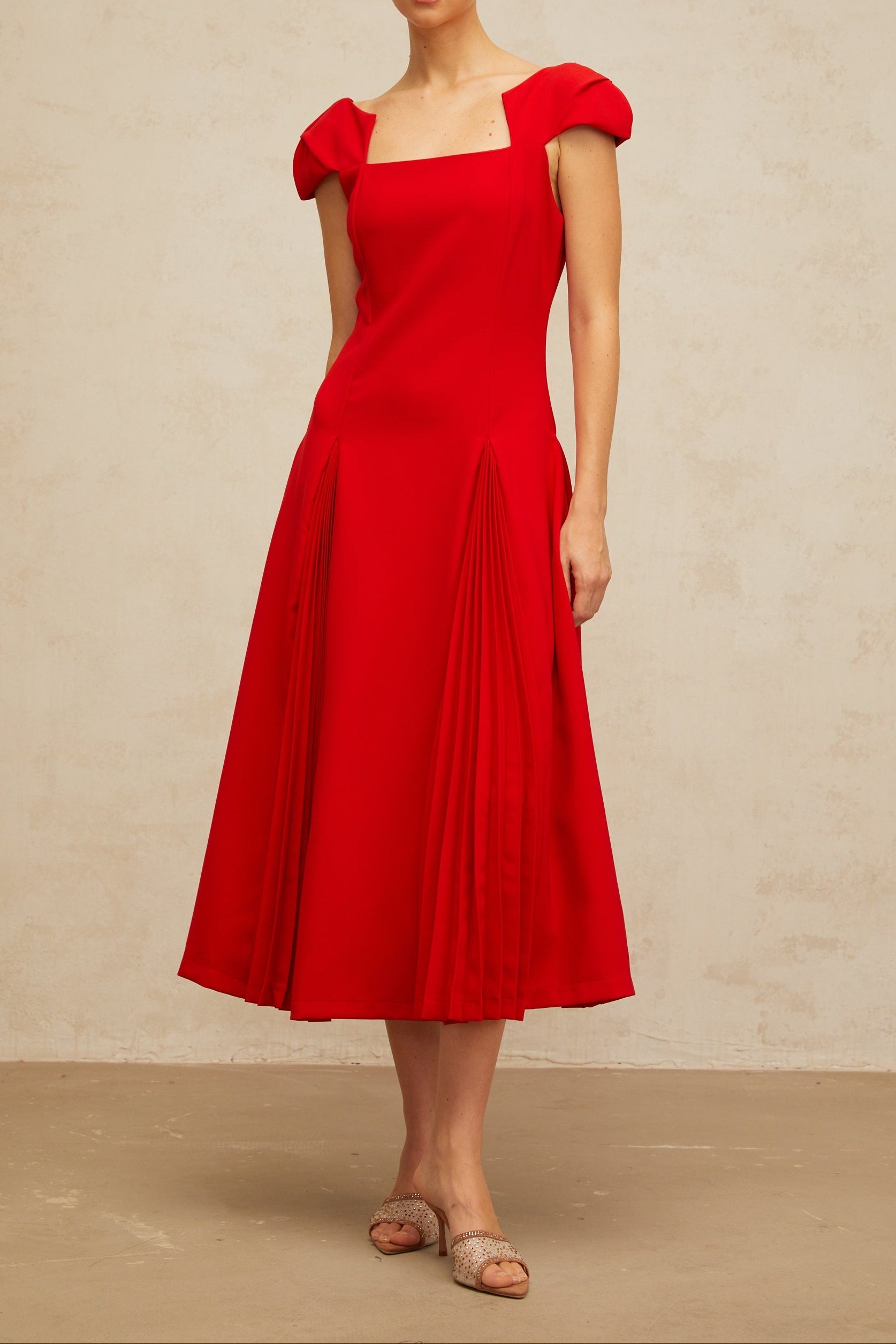 GERVAISE RED PLEATED FLARED MIDI DRESS