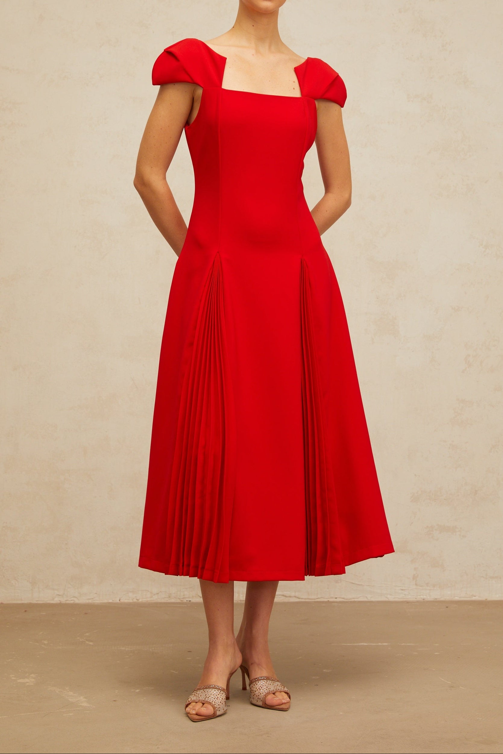 GERVAISE RED PLEATED FLARED MIDI DRESS