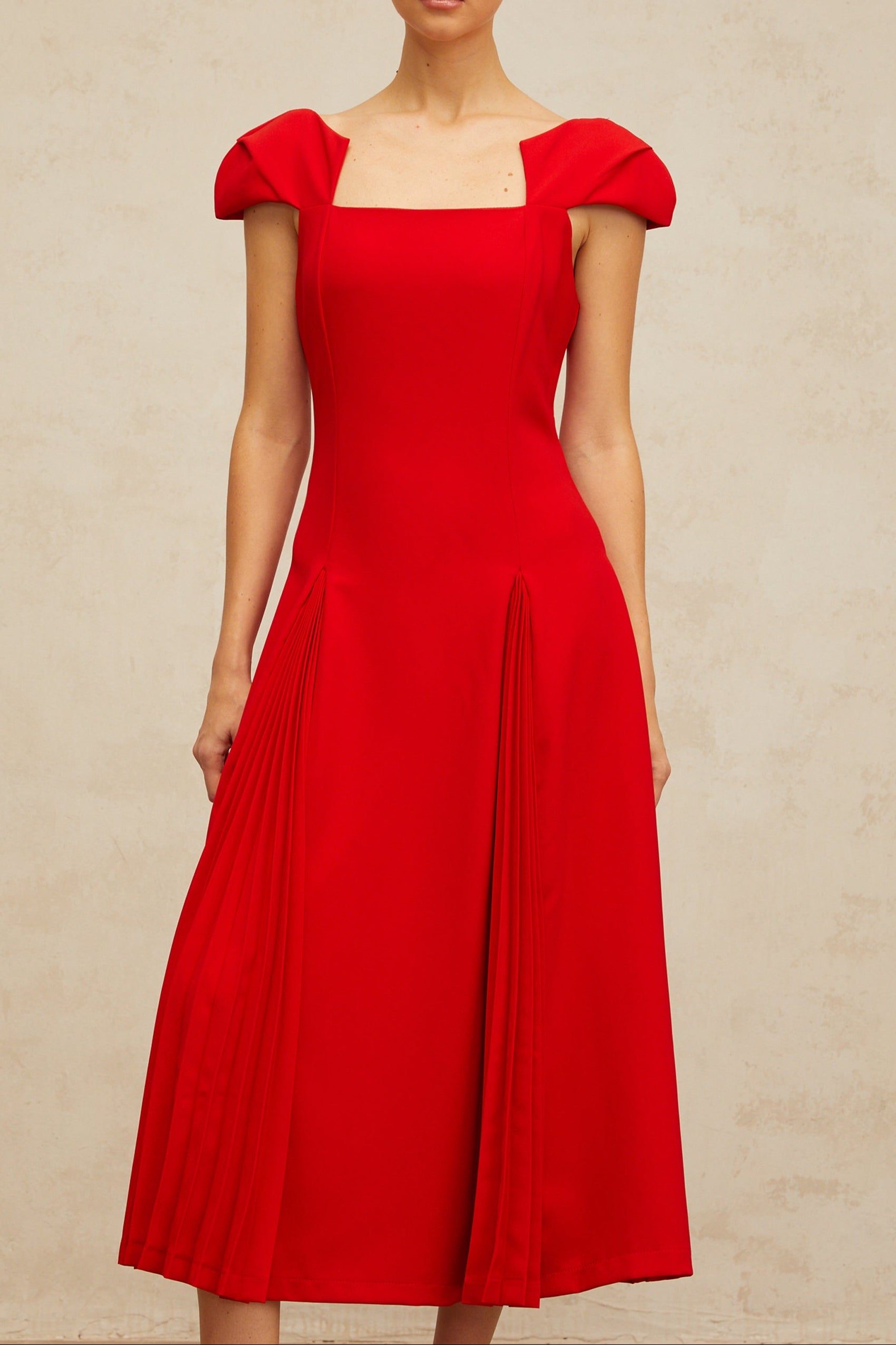 GERVAISE RED PLEATED FLARED MIDI DRESS