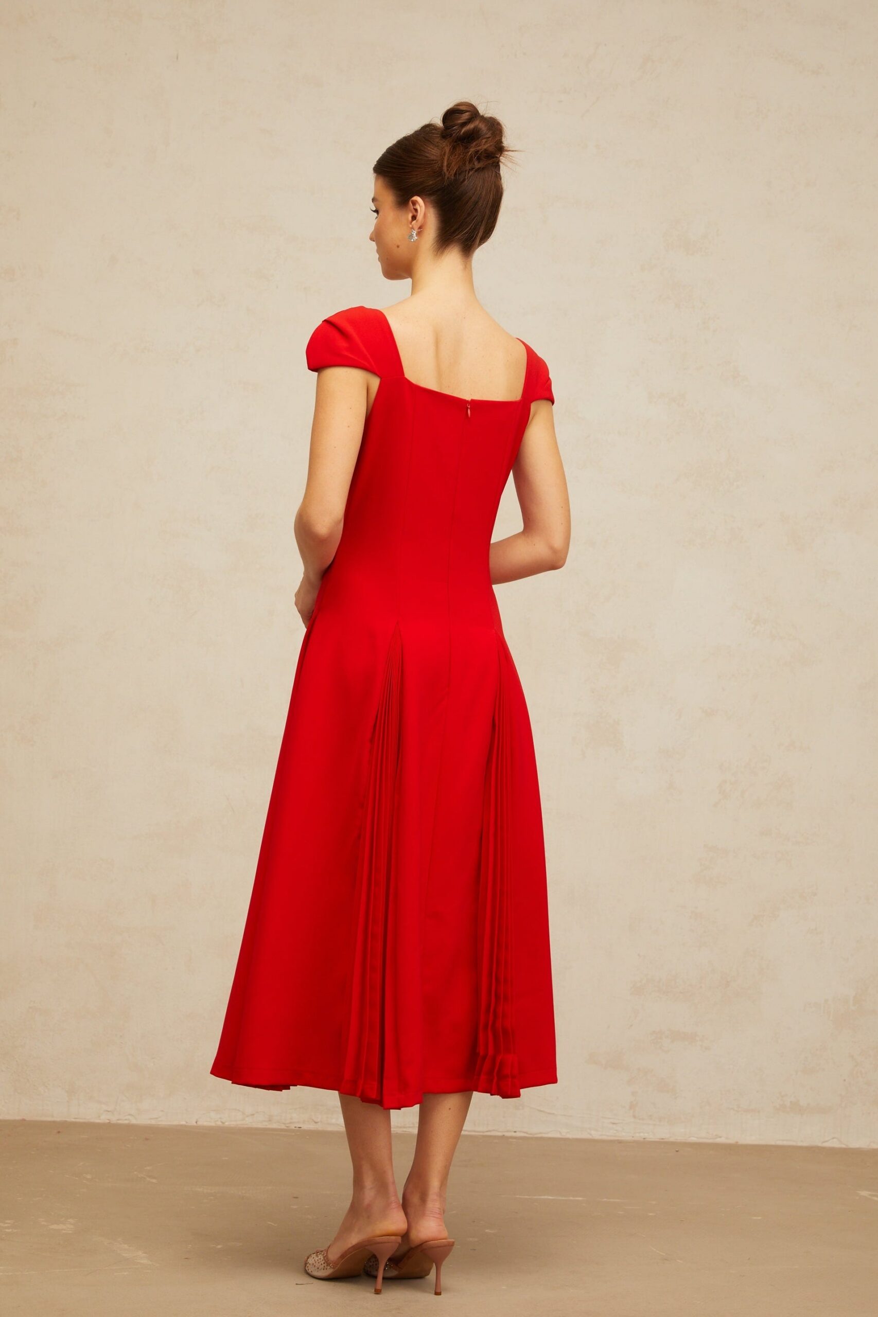 GERVAISE RED PLEATED FLARED MIDI DRESS