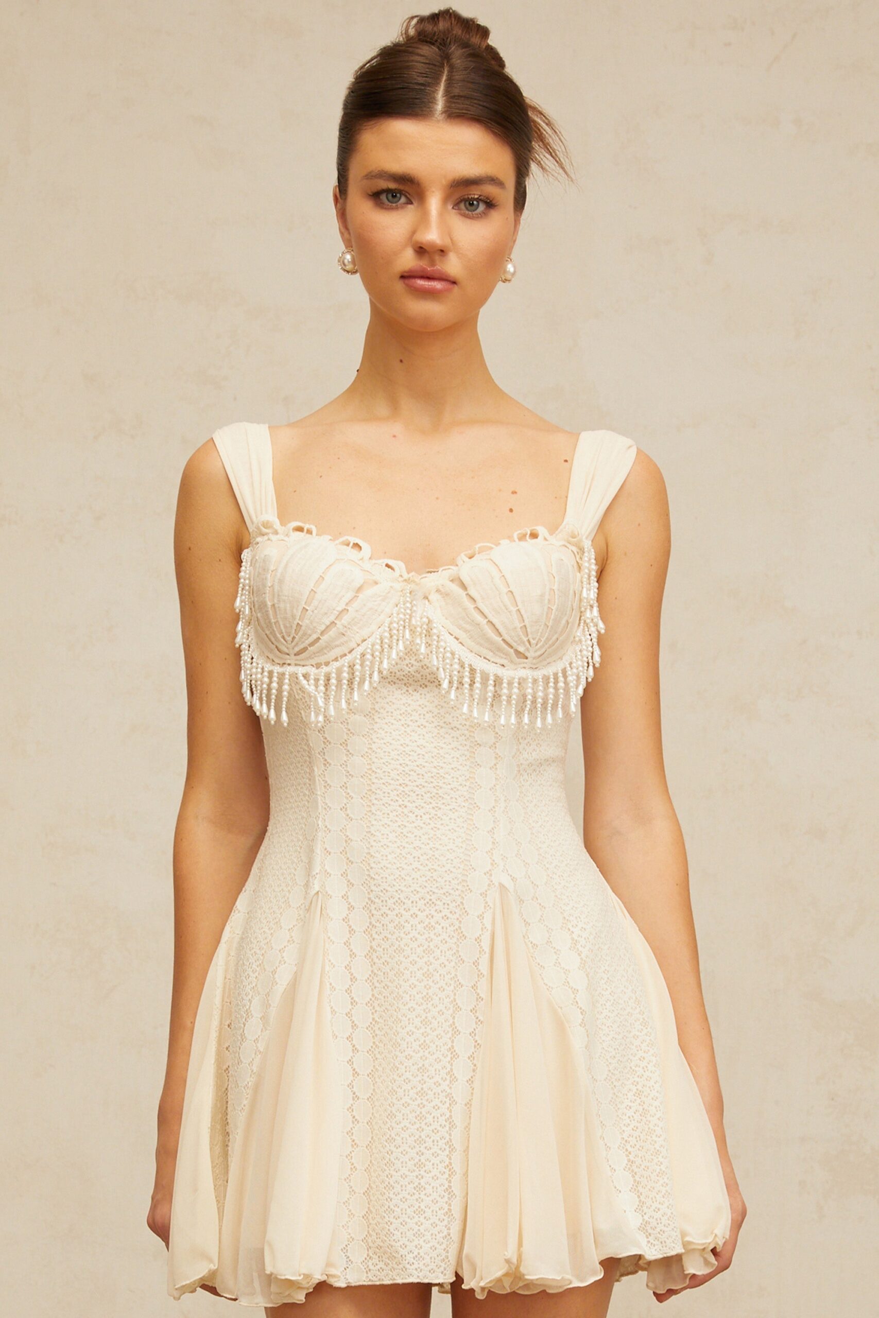 ATALANTA EMBELLISHED FLARED MINI DRESS CREAM WHITE