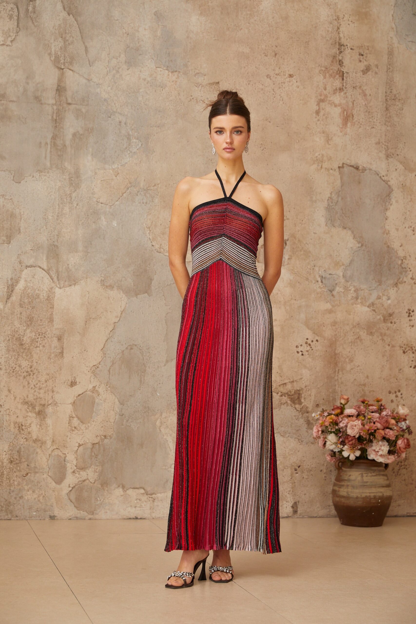 ULYSSE RED METALLIC HALTERNECK MAXI DRESS