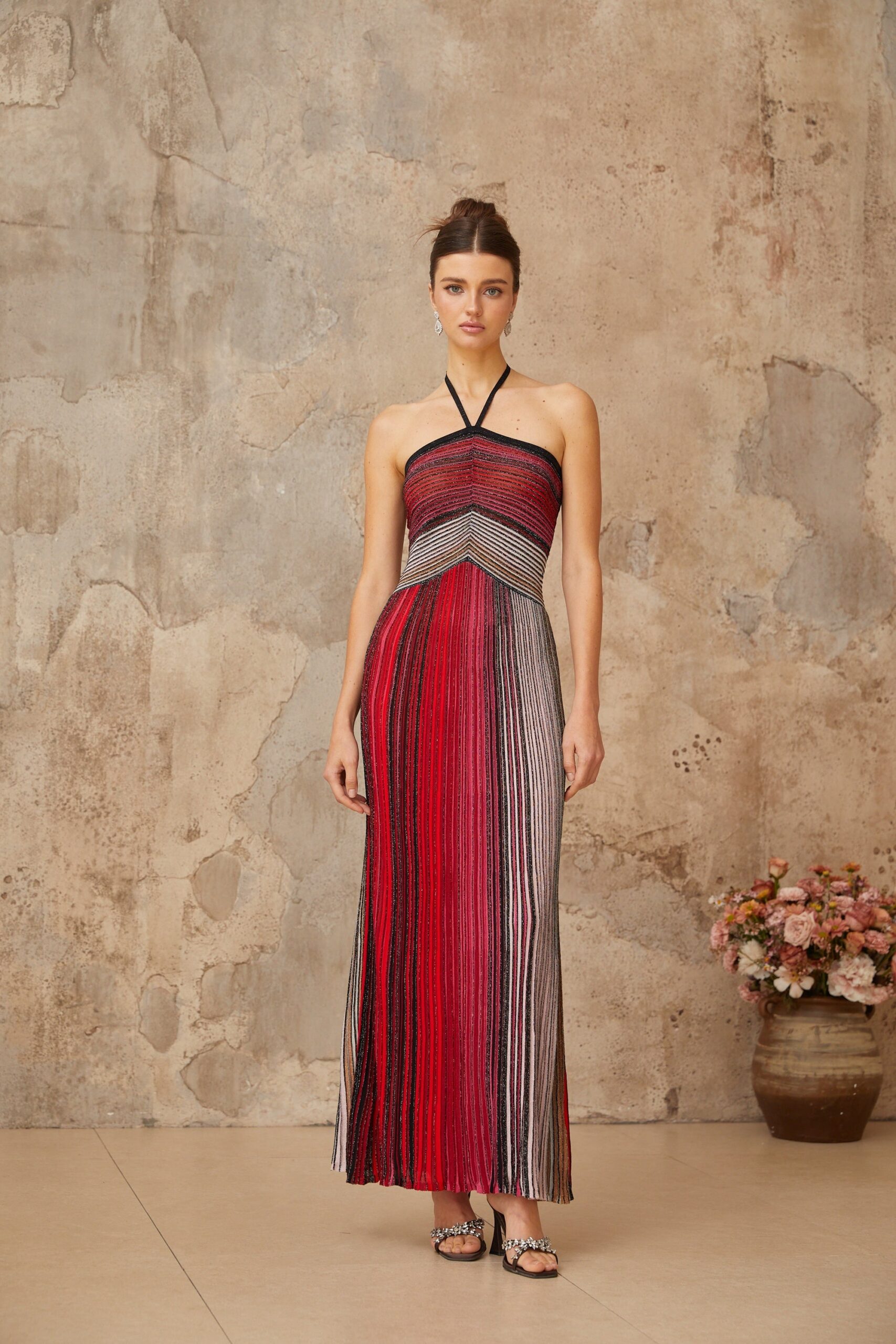 ULYSSE RED METALLIC HALTERNECK MAXI DRESS