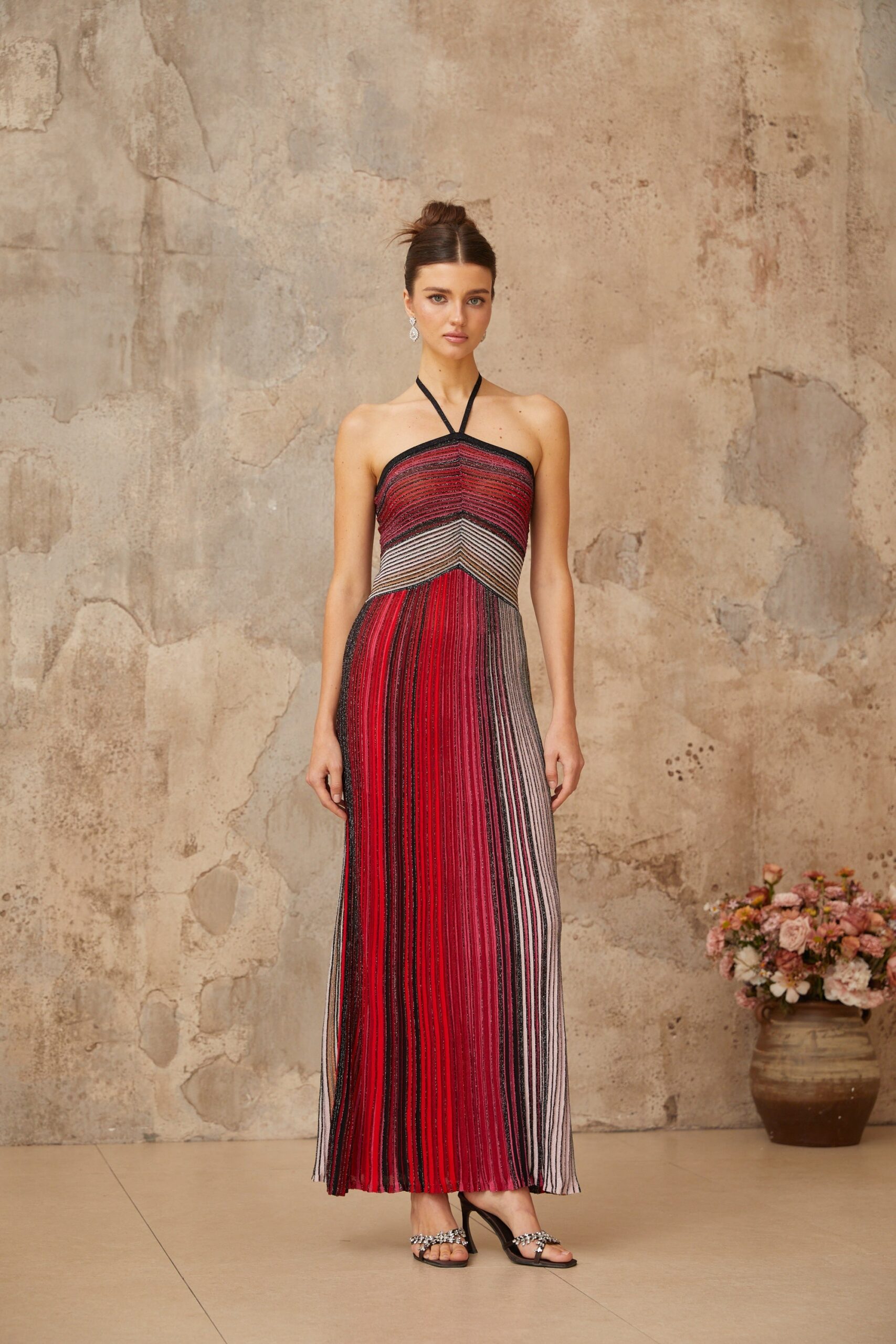 ULYSSE RED METALLIC HALTERNECK MAXI DRESS