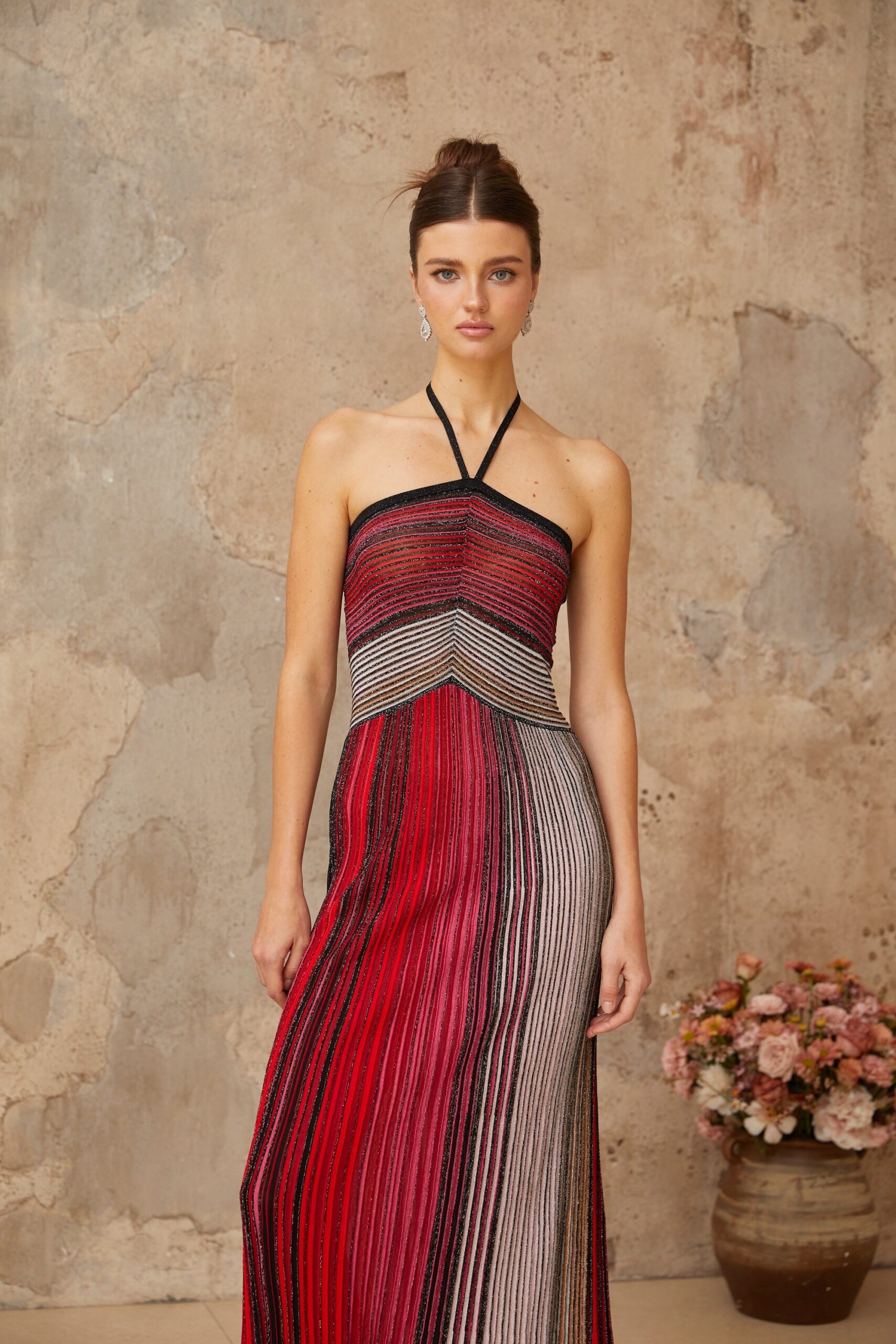 ULYSSE RED METALLIC HALTERNECK MAXI DRESS