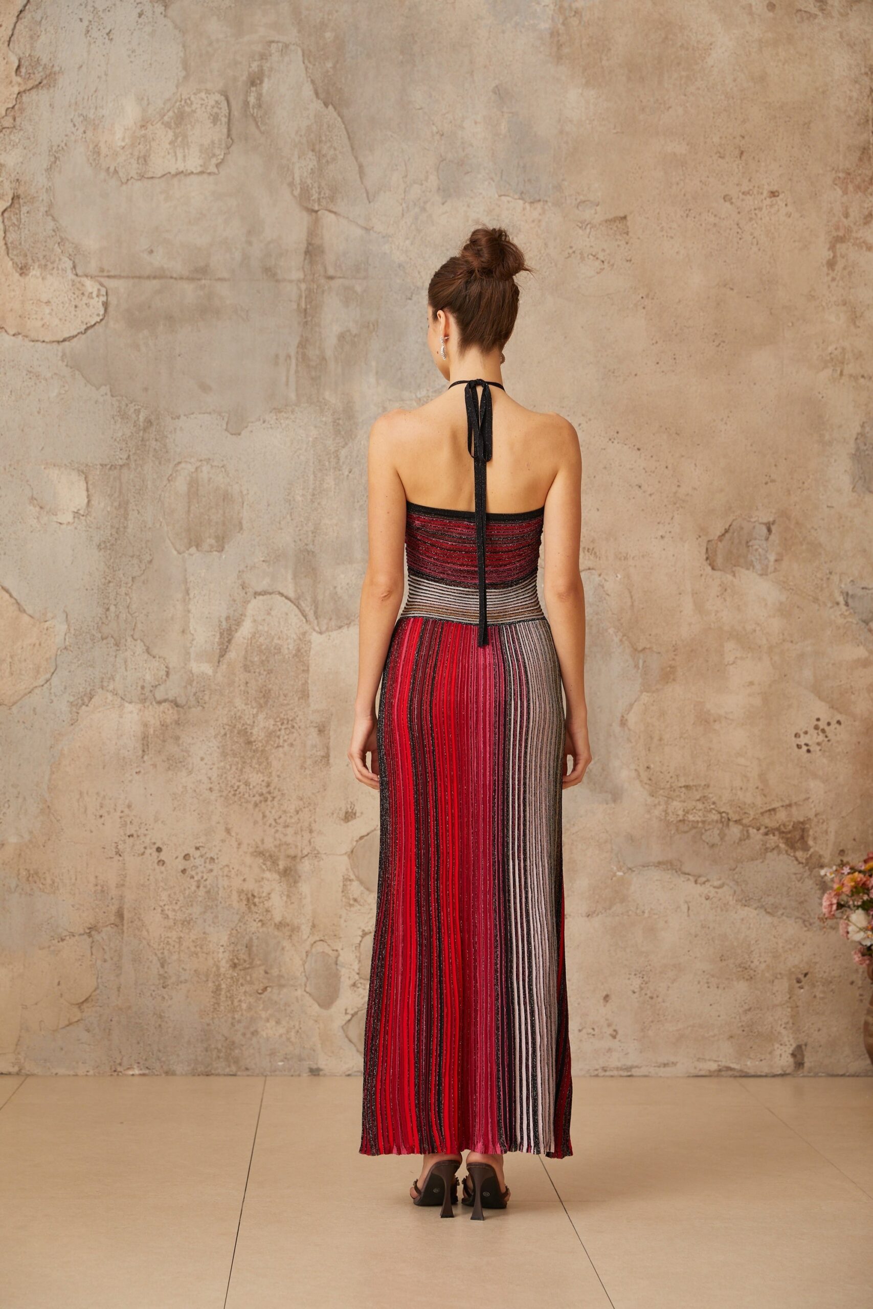 ULYSSE RED METALLIC HALTERNECK MAXI DRESS