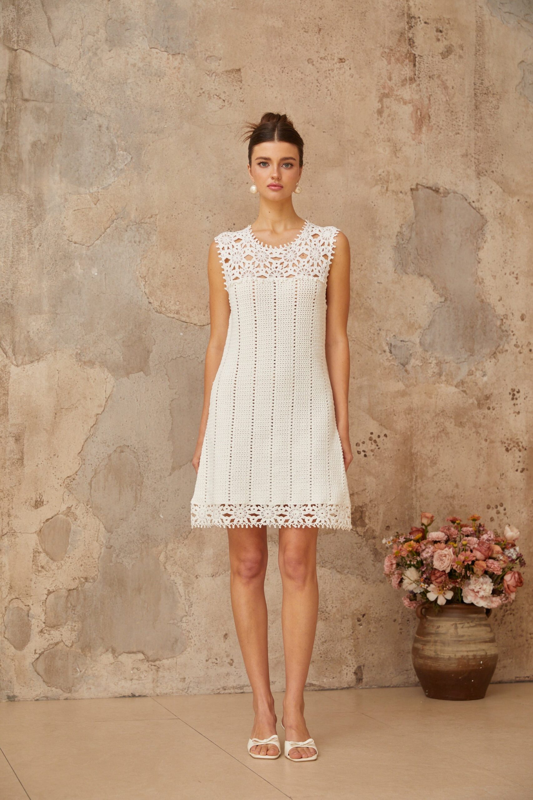 FLORAL CROCHET WHITE MINI DRESS, BOHO BEACH PARTY