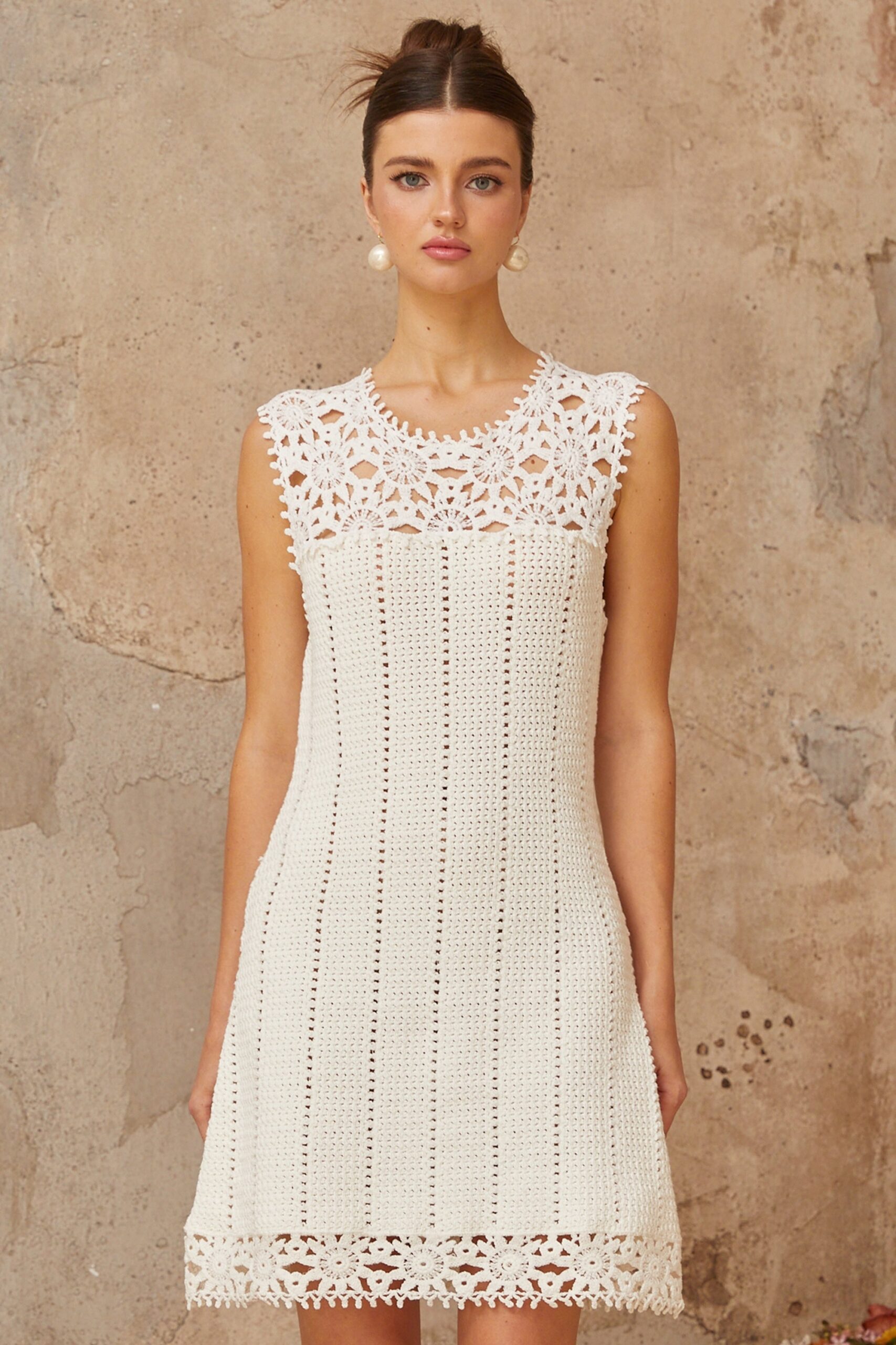 FLORAL CROCHET WHITE MINI DRESS, BOHO BEACH PARTY