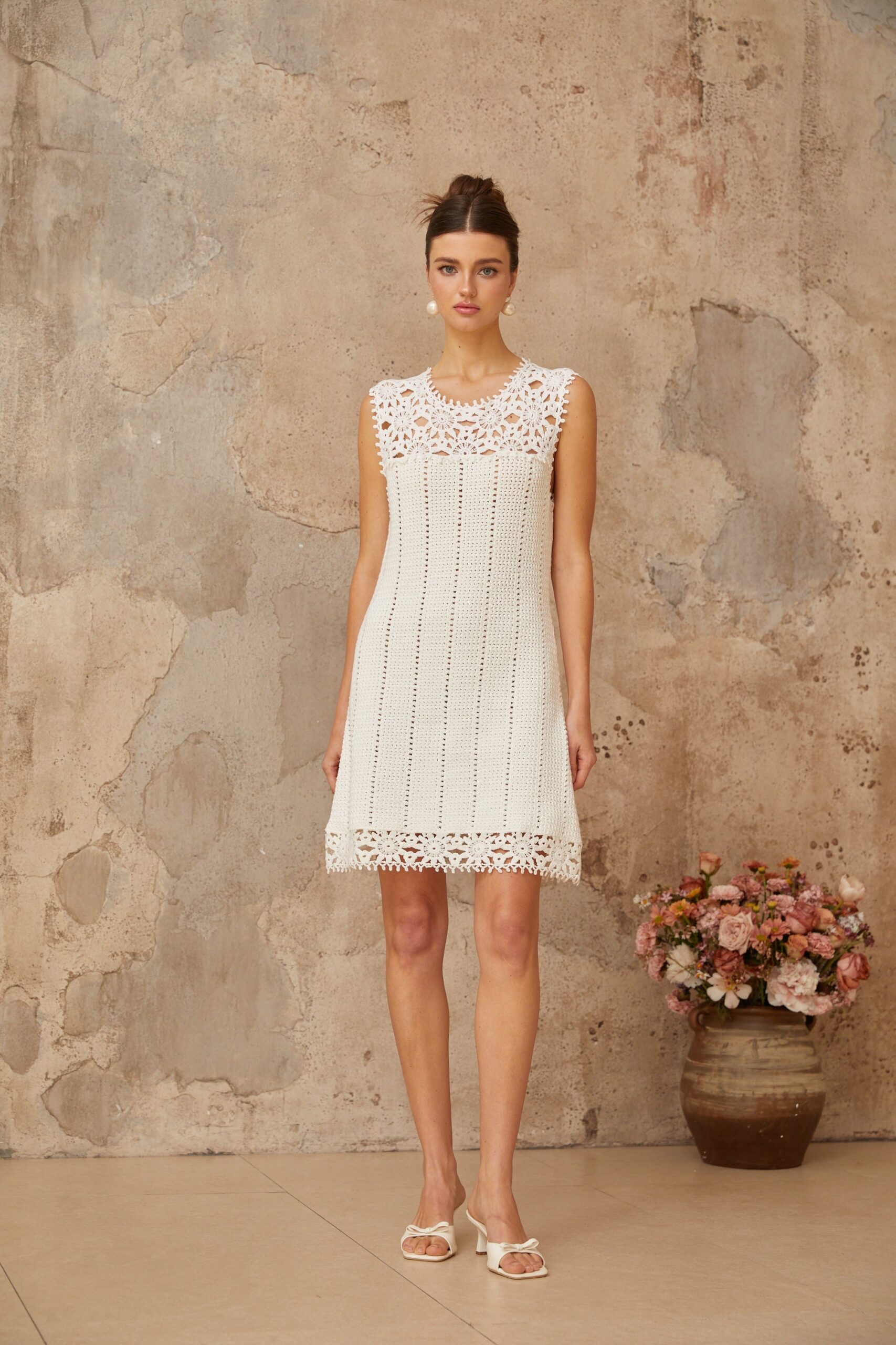 FLORAL CROCHET WHITE MINI DRESS, BOHO BEACH PARTY