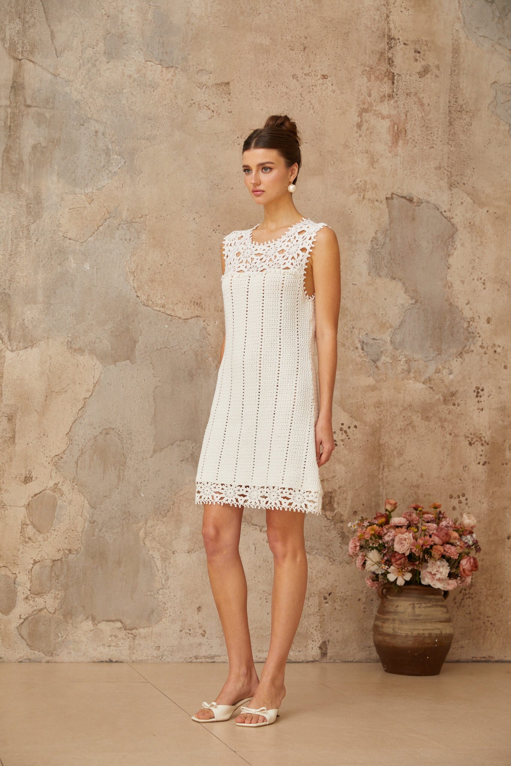 FLORAL CROCHET WHITE MINI DRESS, BOHO BEACH PARTY