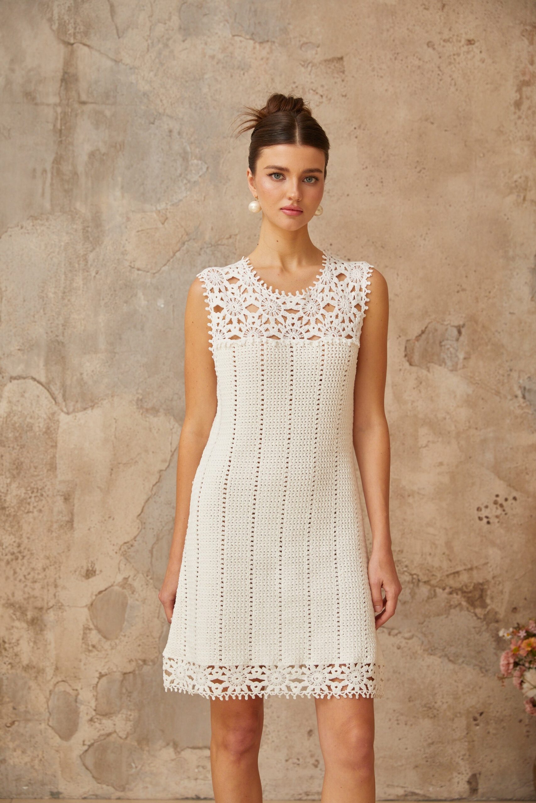 FLORAL CROCHET WHITE MINI DRESS, BOHO BEACH PARTY